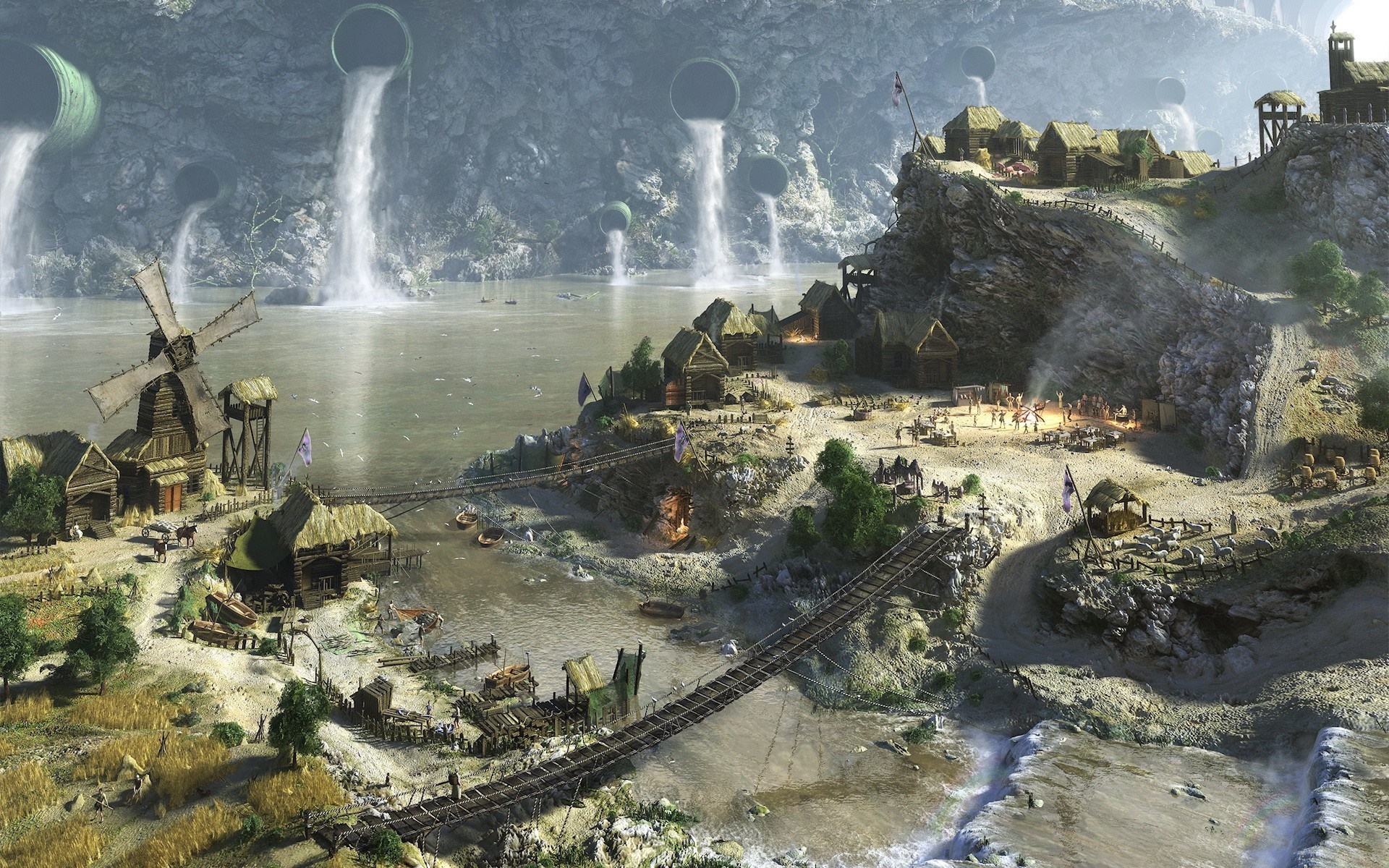 Fantasy village with waterfalls and a windmill HD Wallpaper