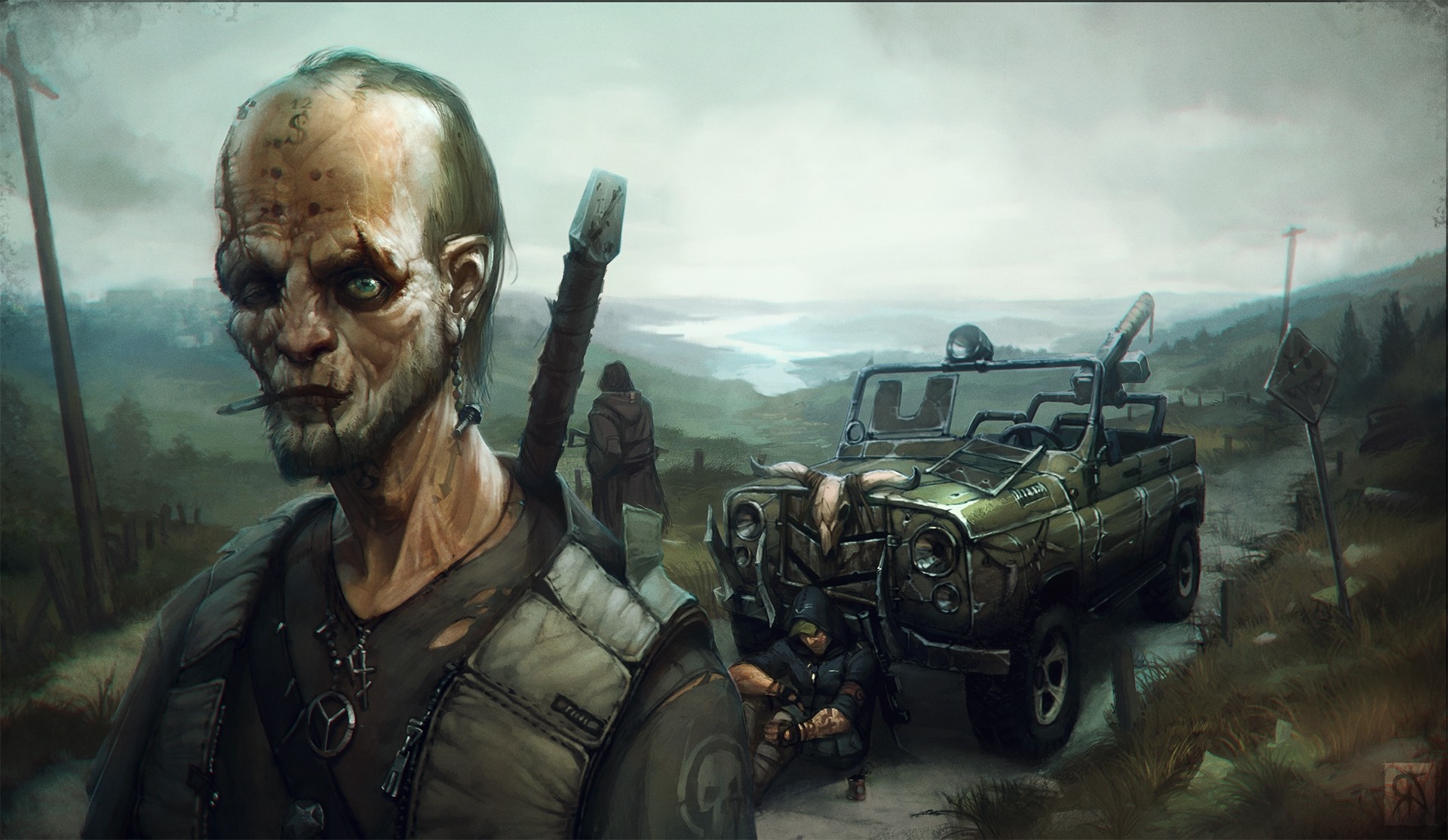 Post-apocalyptic survivors with a vehicle HD Wallpaper