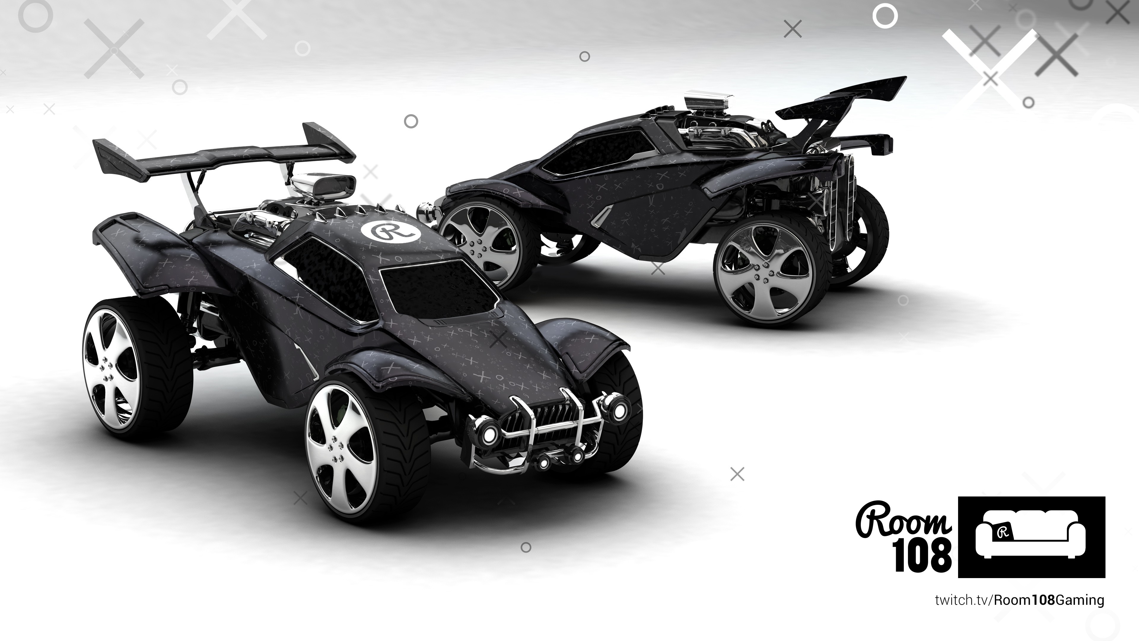 Two black Rocket League cars with Room 108 logo HD Wallpaper