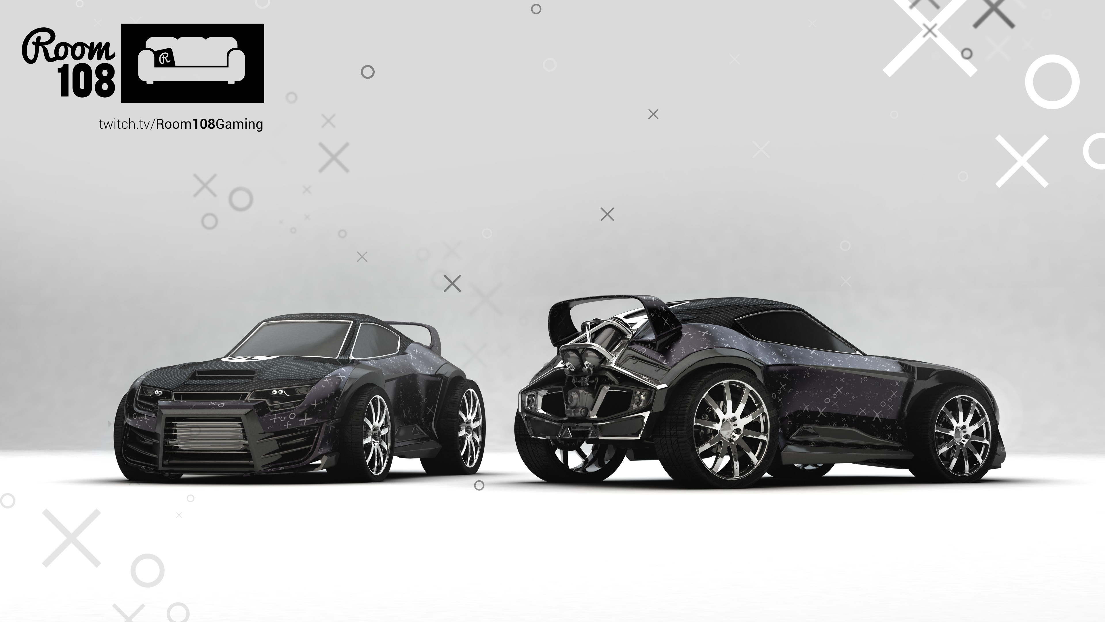 Two Rocket League cars with Room 108 logo HD Wallpaper