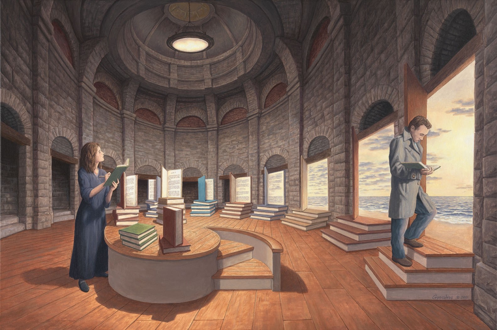 Man and woman reading in a circular library with ocean view HD Wallpaper