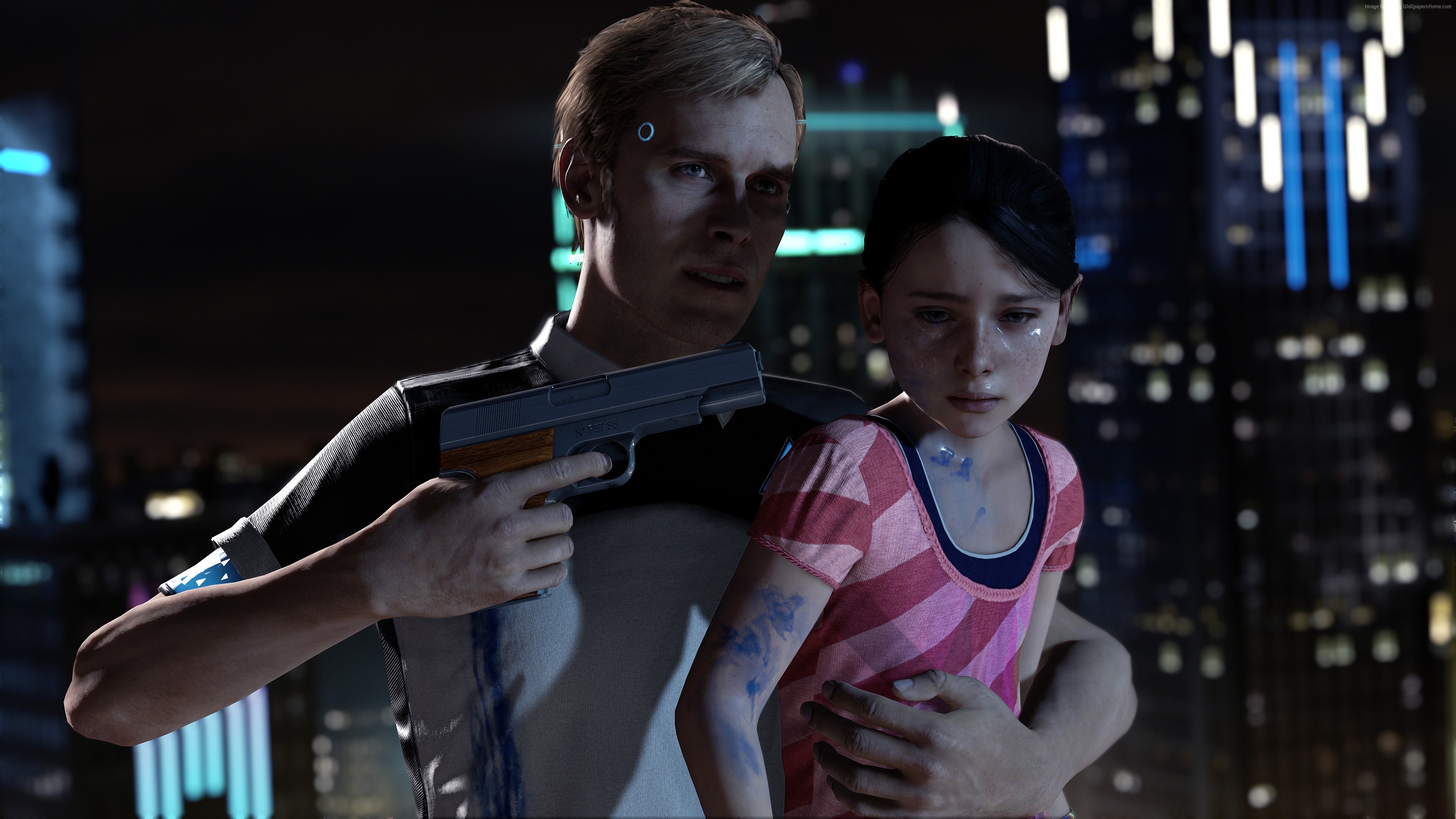 Connor holding a gun to Kara's head in Detroit: Become Human 4K HD Wallpaper