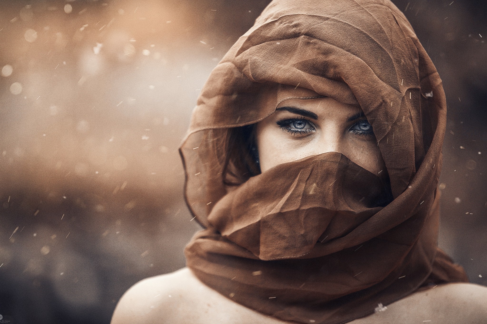 Woman with blue eyes wearing a brown headscarf HD Wallpaper