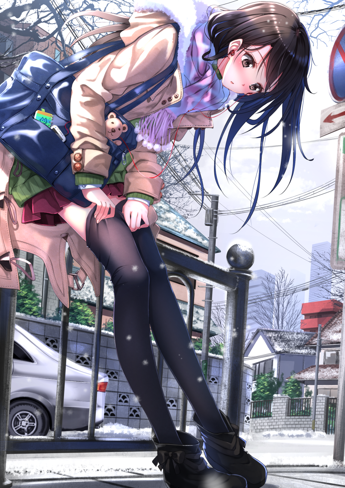 Anime girl in winter clothes with thigh highs HD Wallpaper