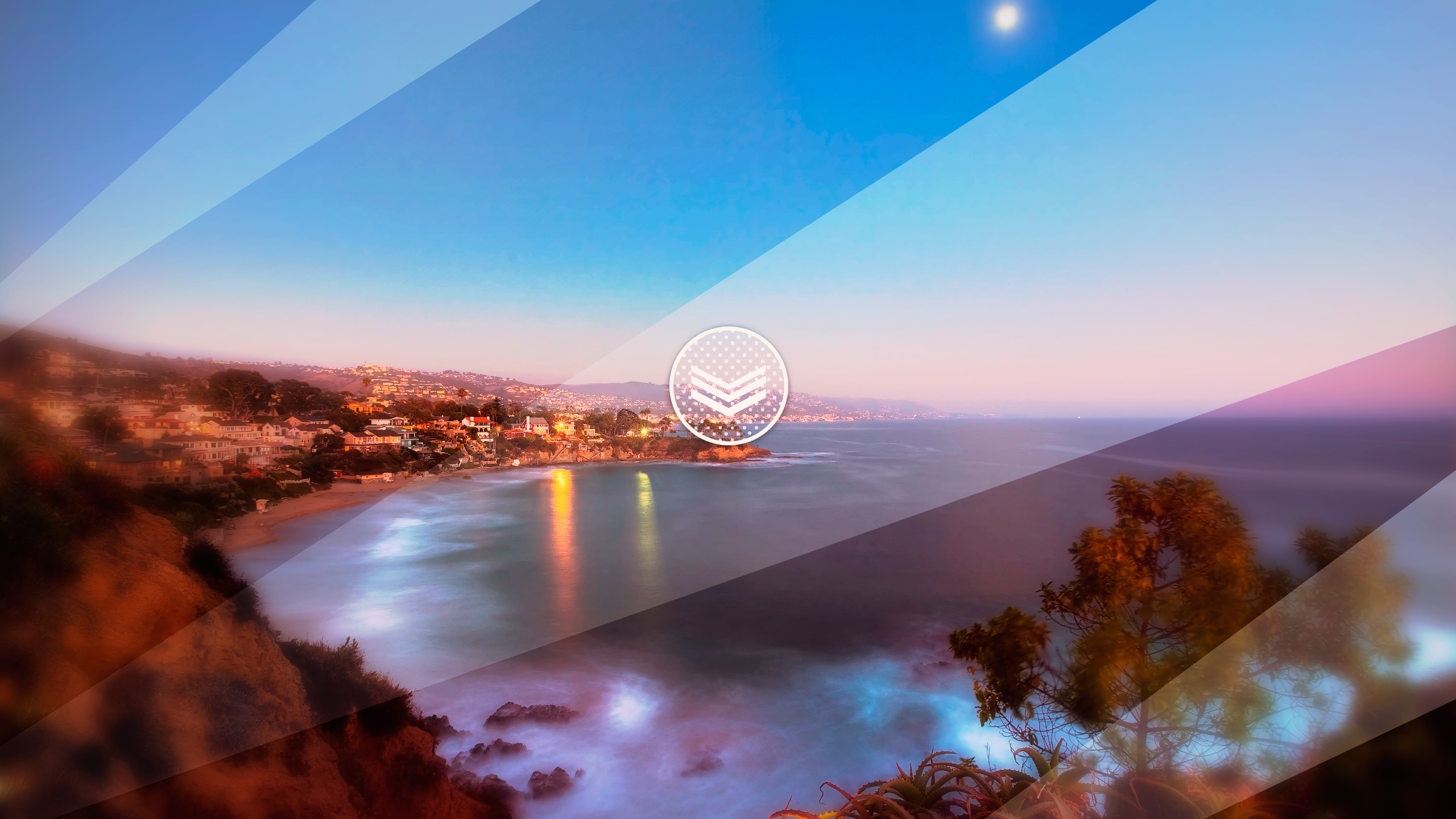 Coastal town at sunset with geometric overlay HD Wallpaper