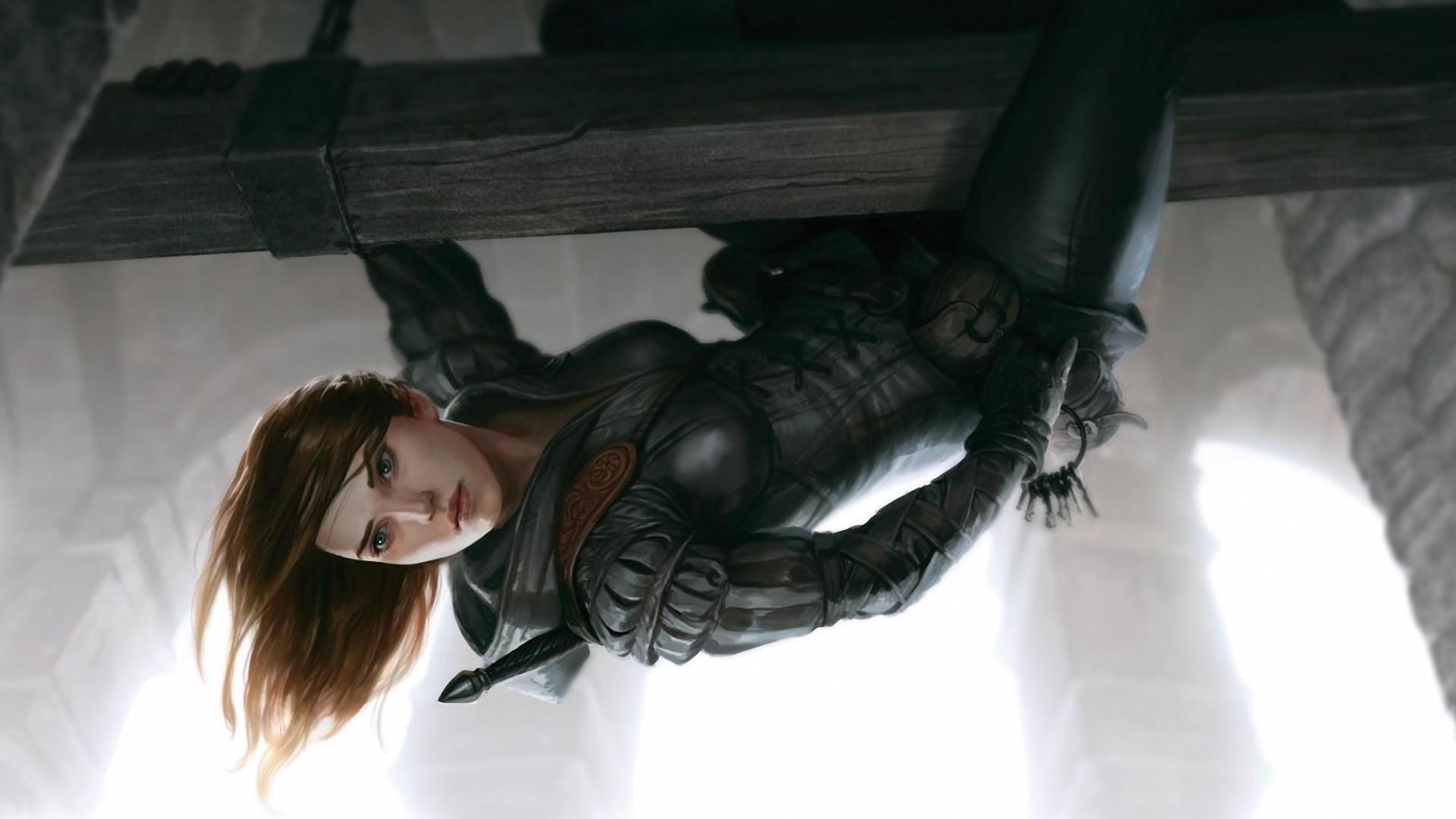 Woman in leather armor hanging from a beam HD Wallpaper