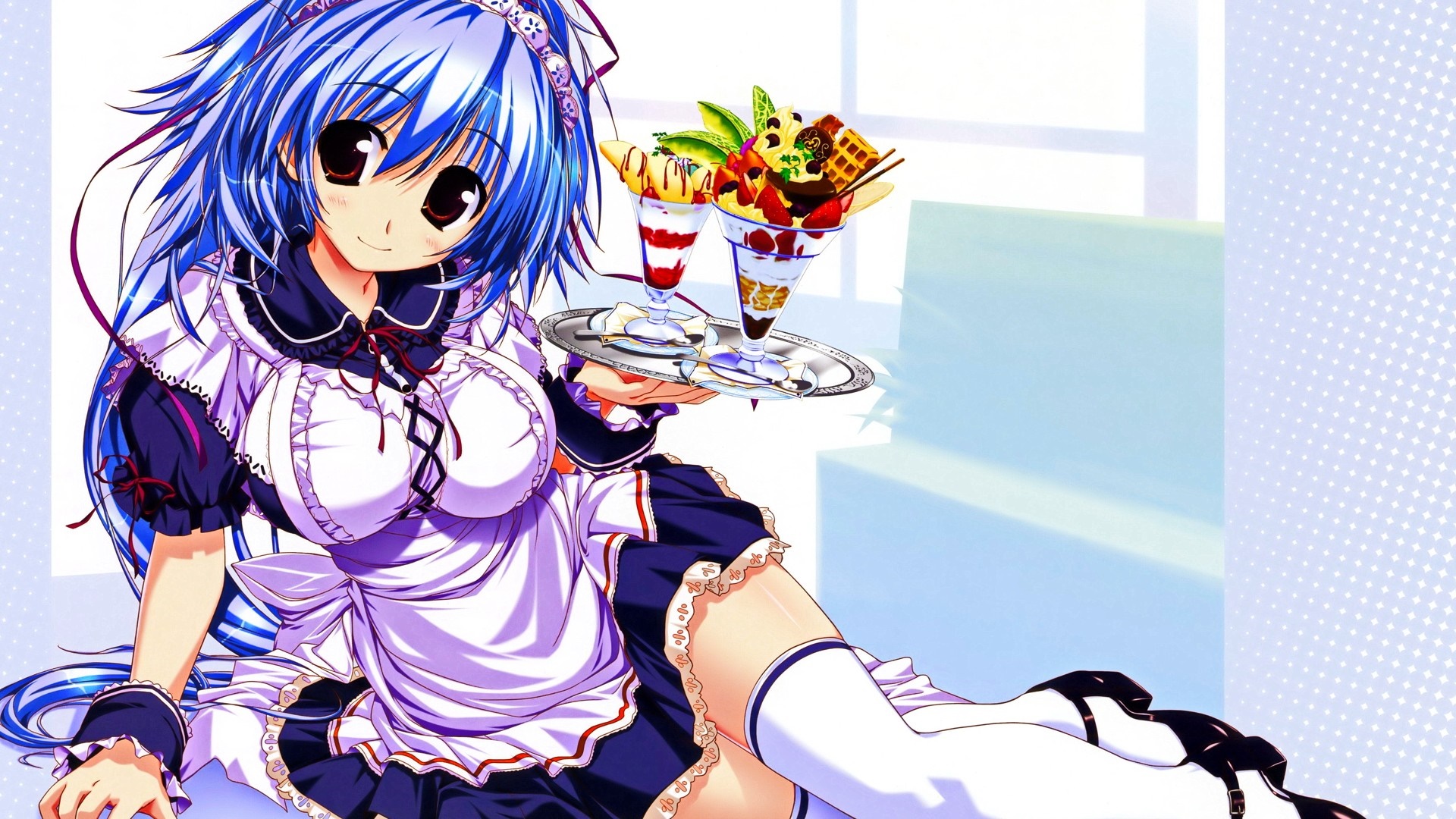Anime maid girl holding desserts HD Wallpaper