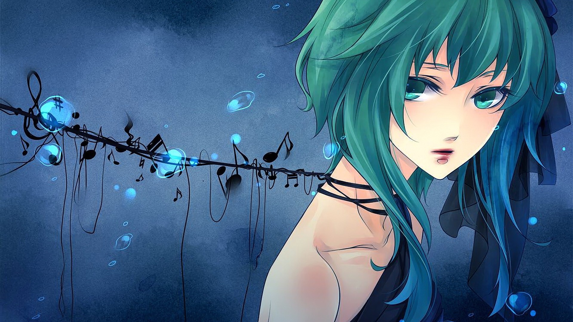 Anime girl with teal hair and musical notes HD Wallpaper