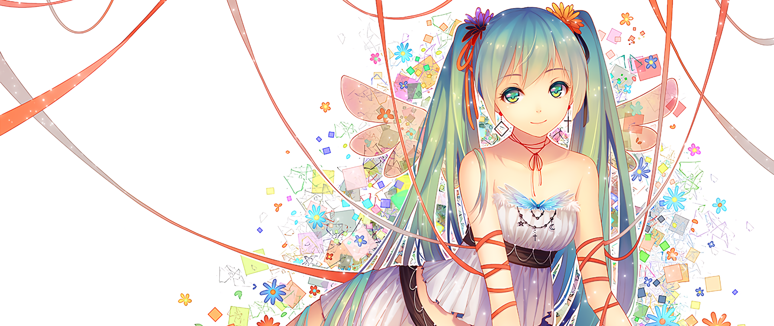 Hatsune Miku with colorful ribbons and flowers HD Wallpaper