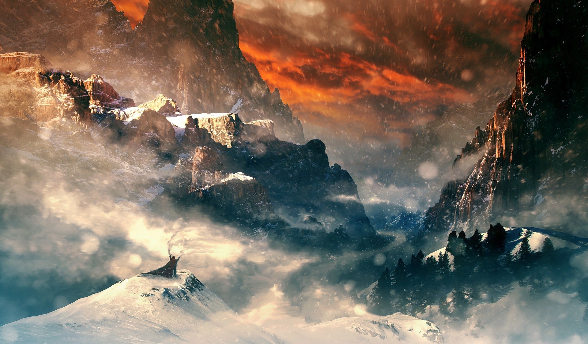 Wolf howling on a snowy mountain peak at sunset HD Wallpaper