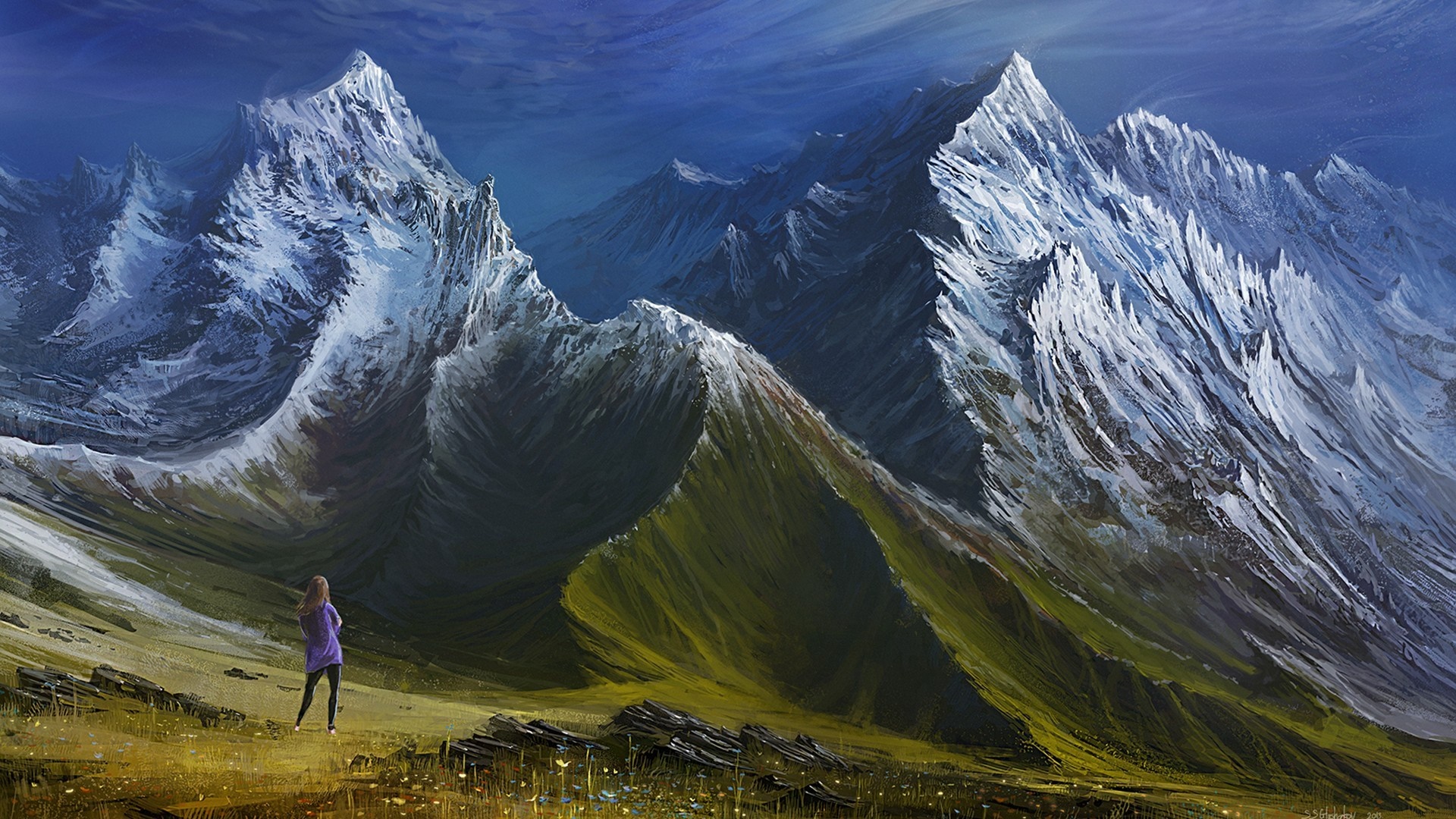 Woman in purple jacket looking at snowy mountains HD Wallpaper