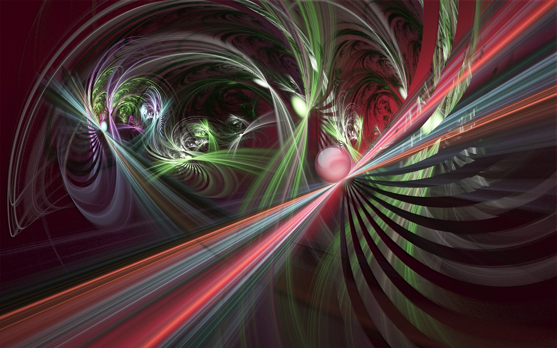 Abstract fractal art with red and green lines and a pink sphere HD Wallpaper