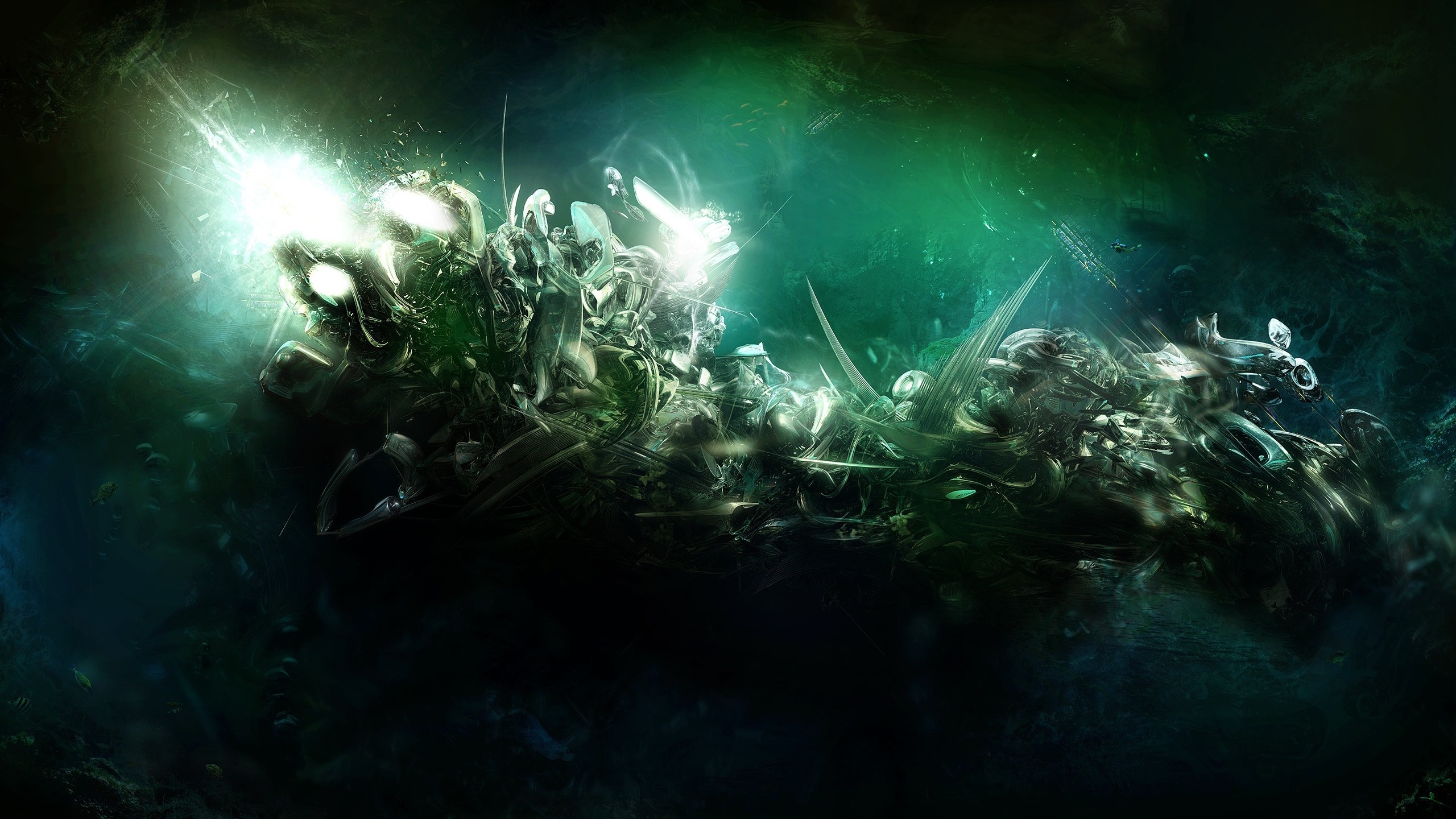 Abstract underwater scene with green light and dark background HD Wallpaper