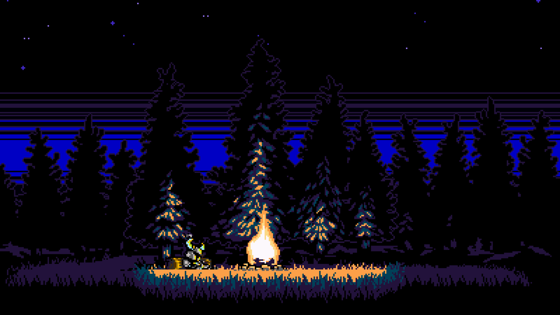 Shovel Knight camping by a campfire at night HD Wallpaper