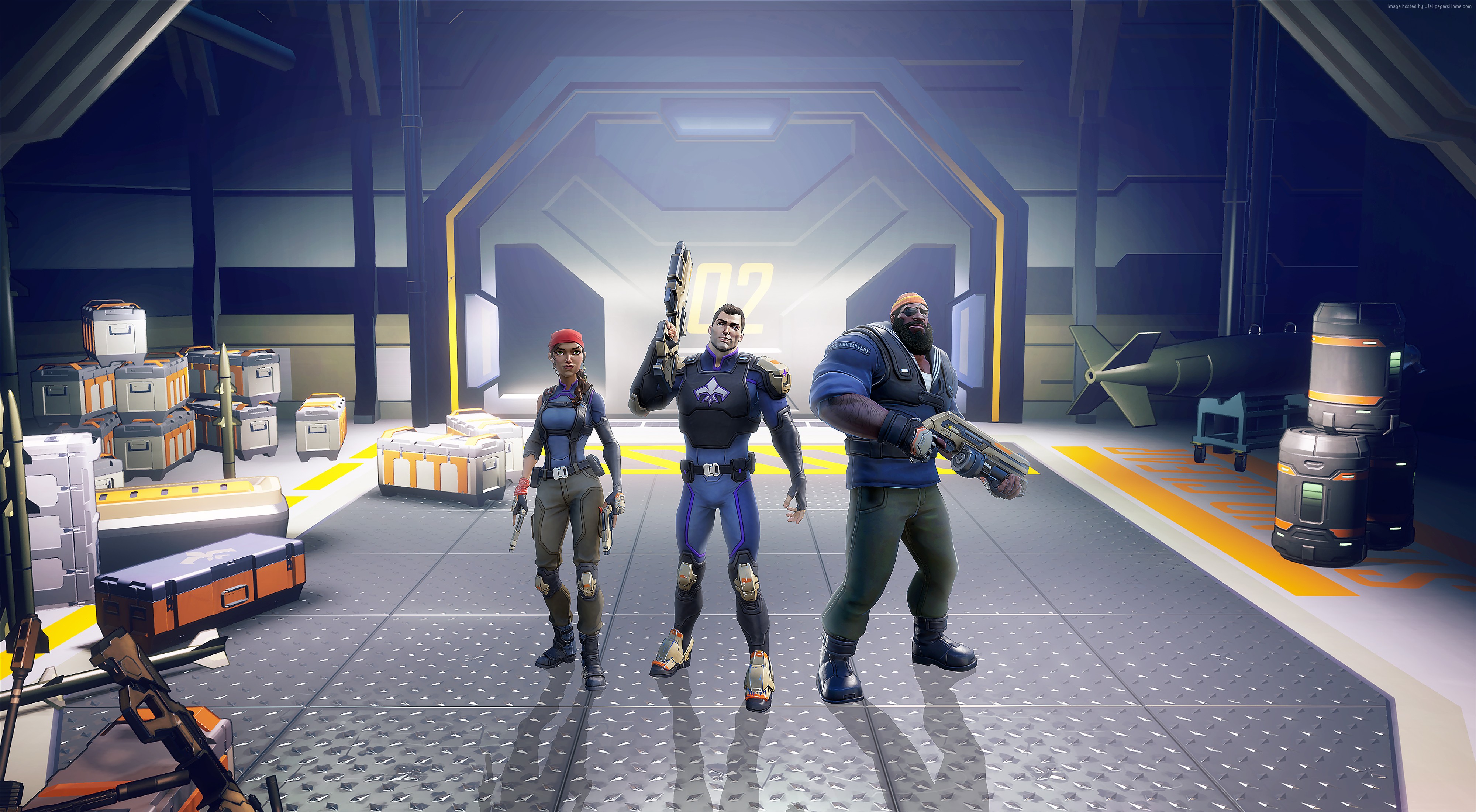 Agents of Mayhem characters in a futuristic hangar HD Wallpaper
