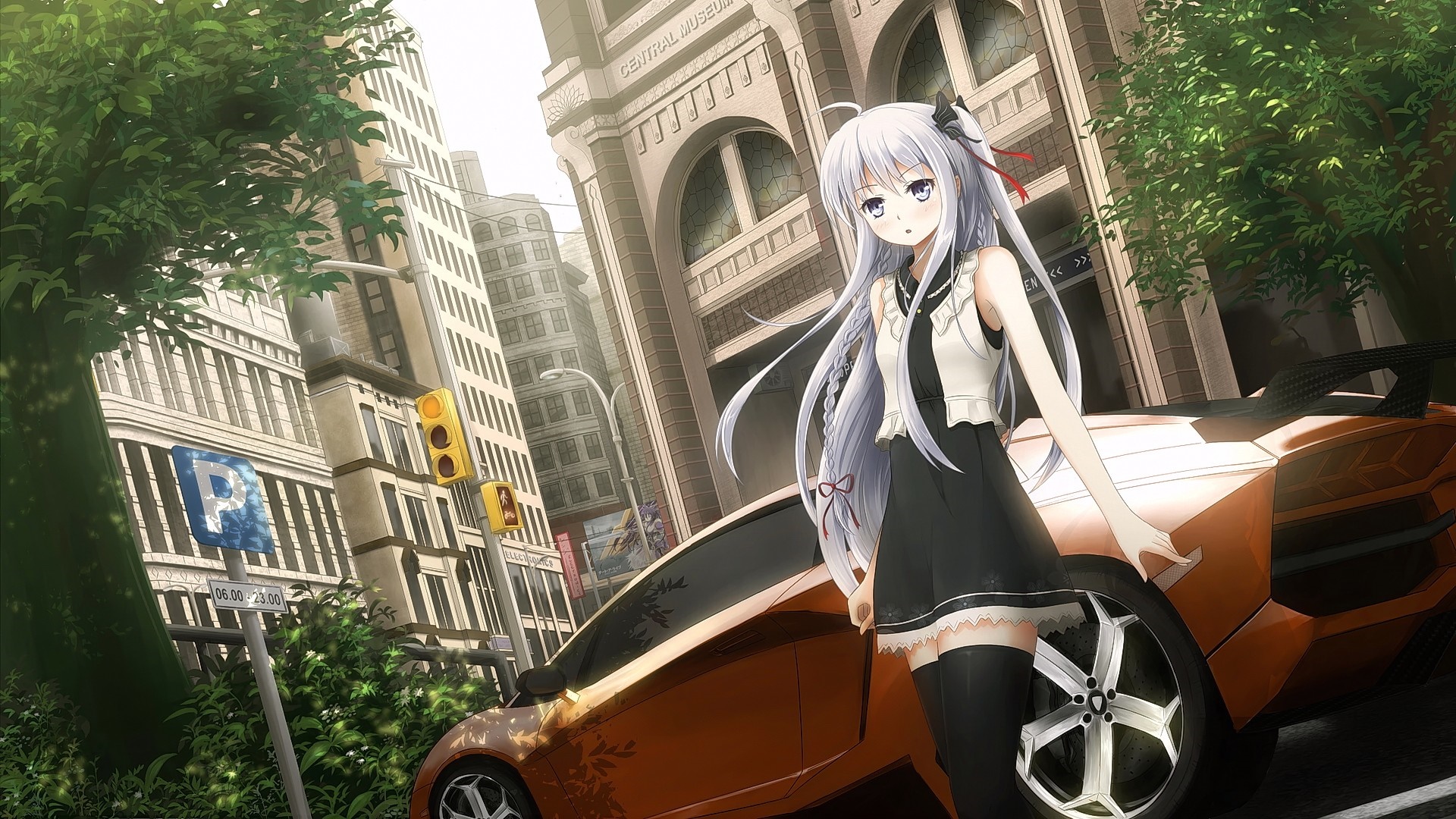 Anime girl with white hair and orange Lamborghini in city HD Wallpaper