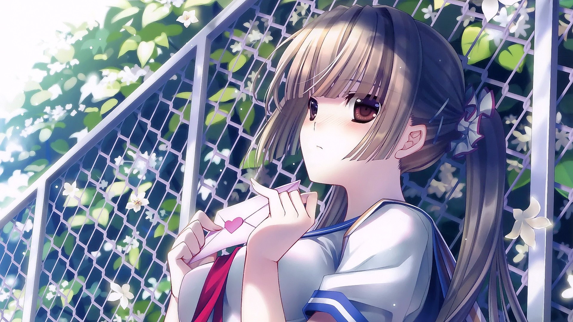 Anime girl with pigtails holding a letter HD Wallpaper
