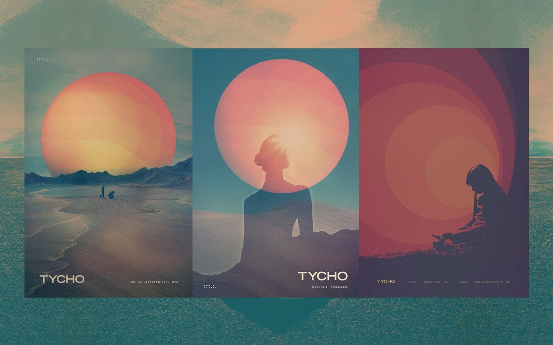 Three Tycho posters with abstract suns and silhouettes HD Wallpaper