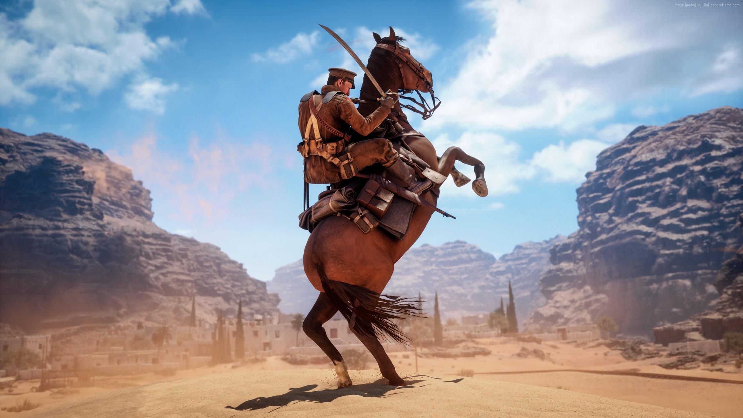 Soldier on horseback with sword in desert HD Wallpaper