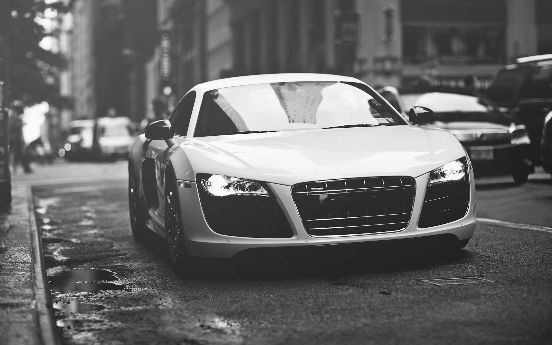White Audi R8 Sports Car on City Street HD Wallpaper