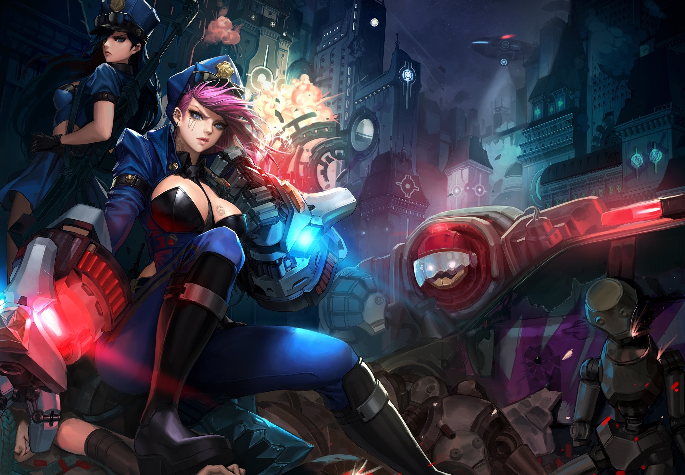 Vi and Caitlyn from League of Legends in a city HD Wallpaper
