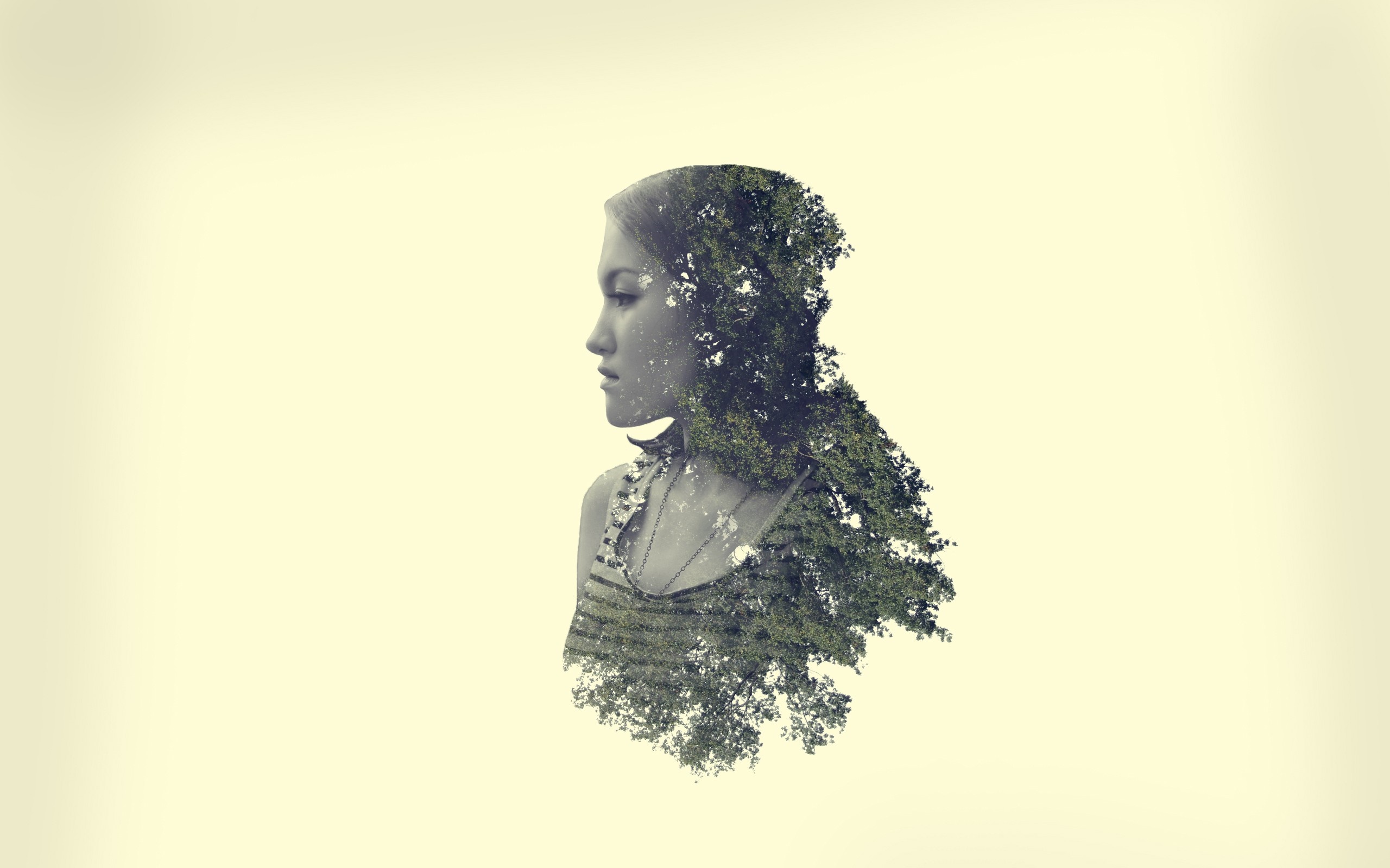 Double exposure portrait of a woman with trees HD Wallpaper