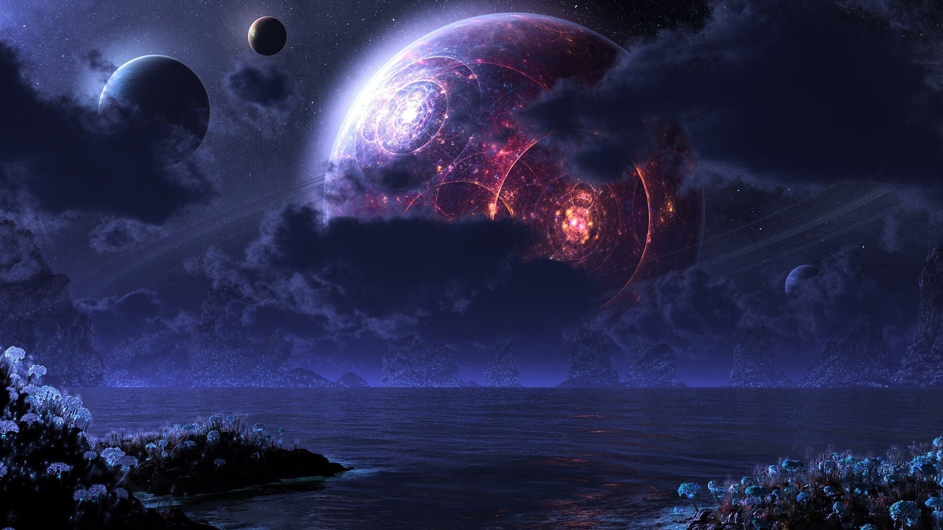 Alien planet with glowing structures and moons HD Wallpaper