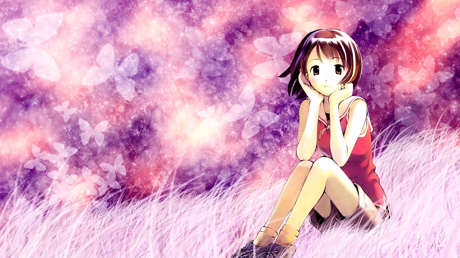 Anime girl sitting in a field of grass with butterflies HD Wallpaper