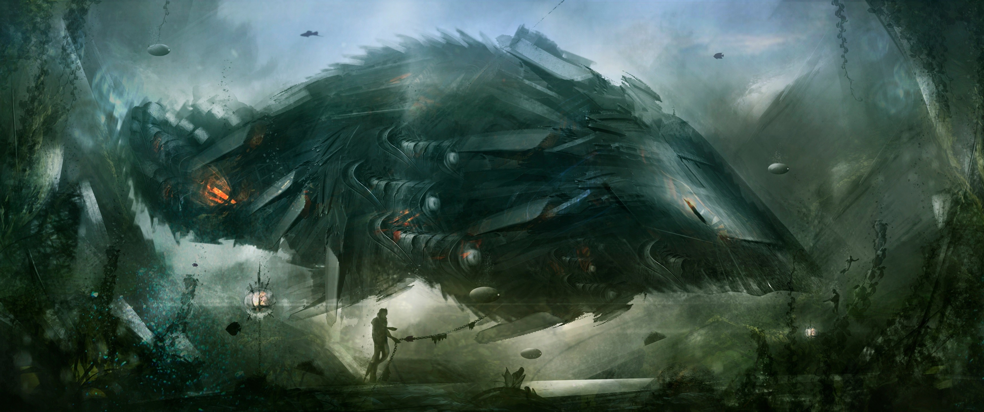Giant alien ship in a murky underwater environment HD Wallpaper