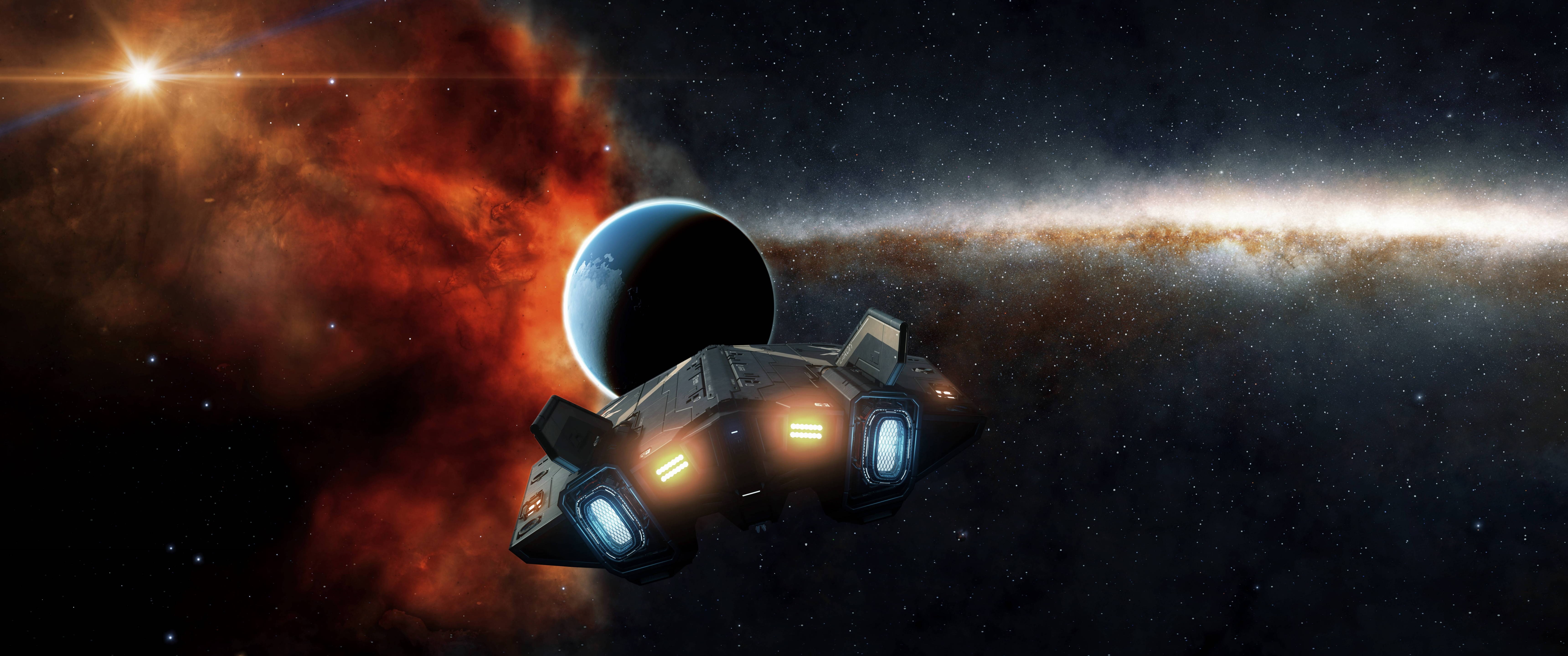 Elite Dangerous: Spaceship near a planet and nebula HD Wallpaper