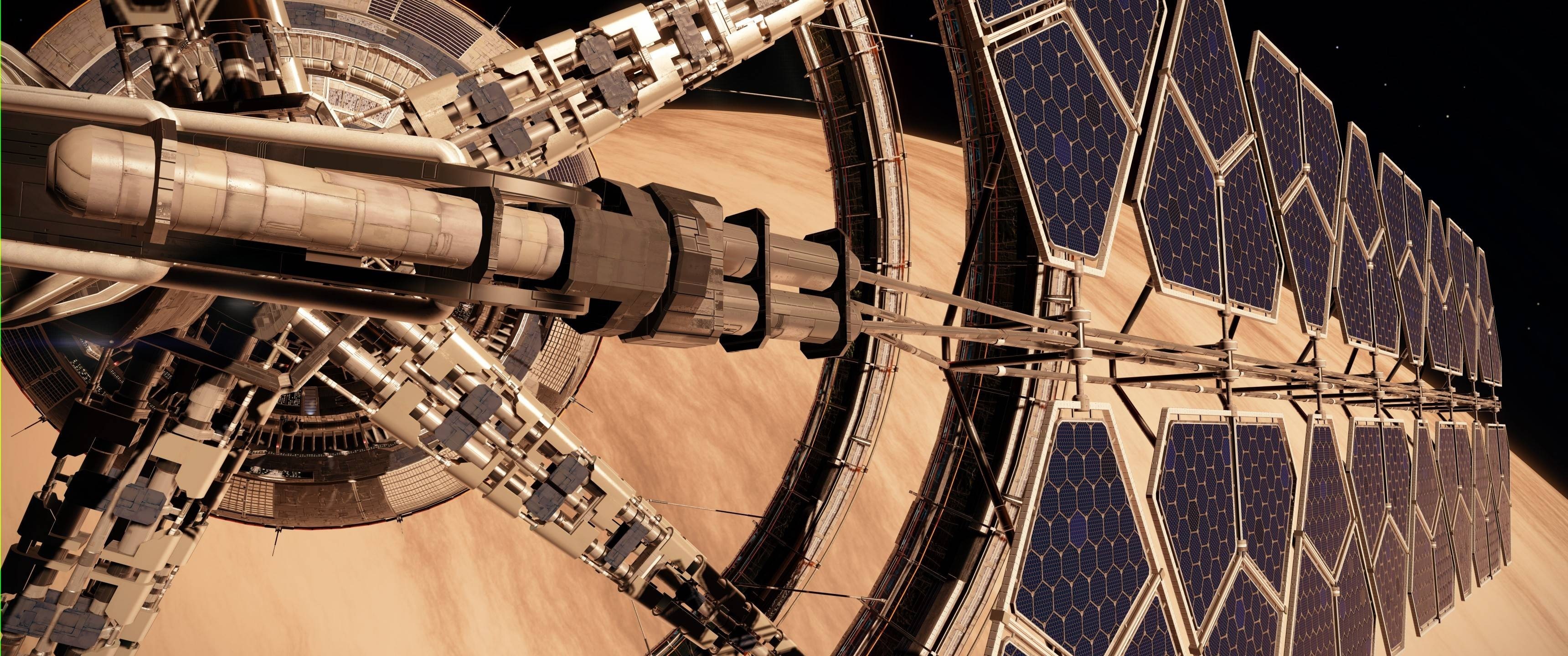 Space station with solar panels and planet HD Wallpaper