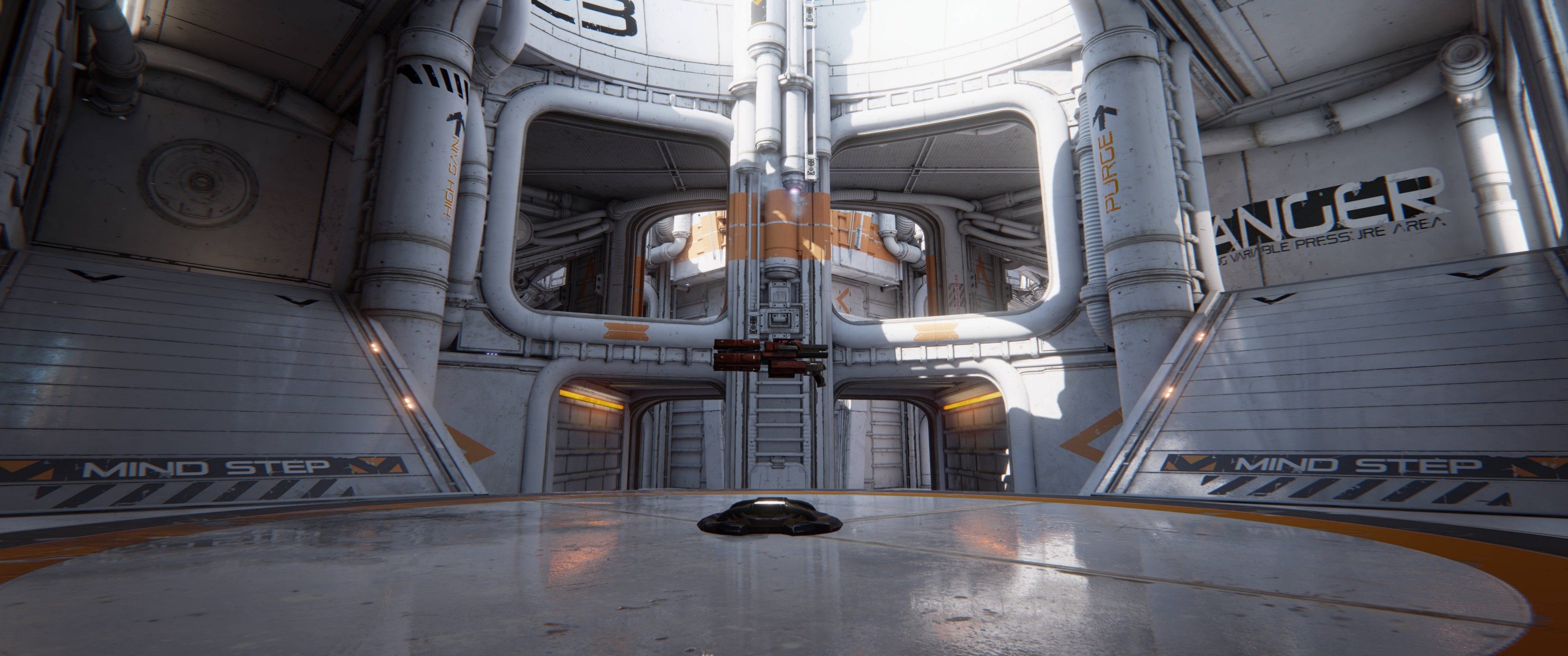 Sci-fi interior with a suspended vehicle HD Wallpaper