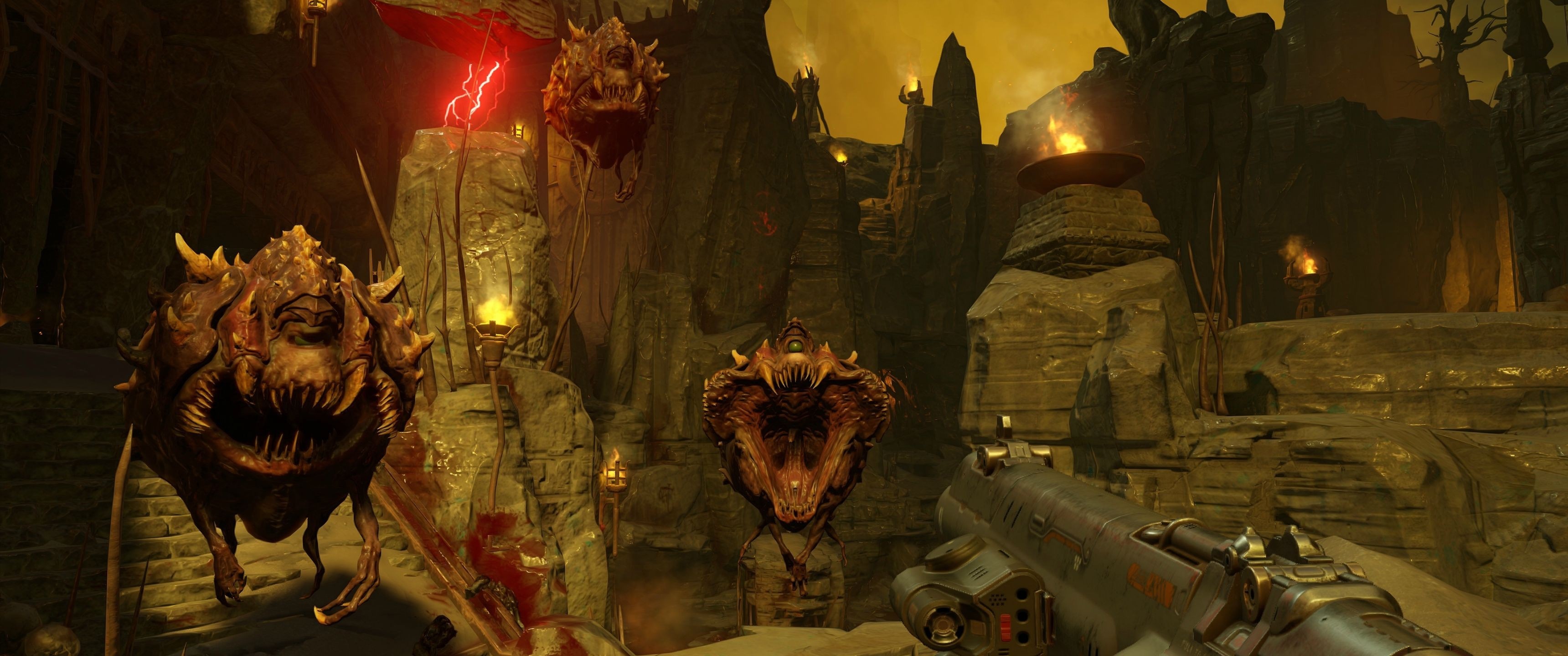 Doom game screenshot with demons and player weapon HD Wallpaper