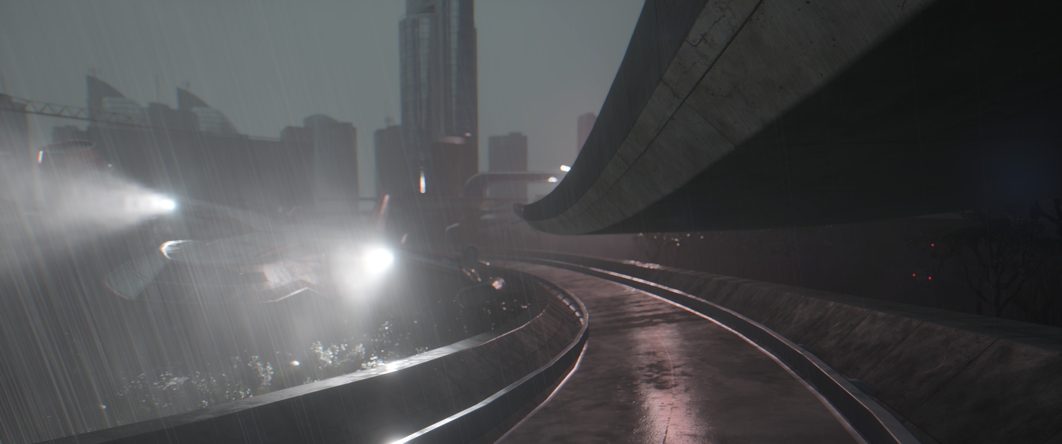 Futuristic city highway at night in the rain HD Wallpaper