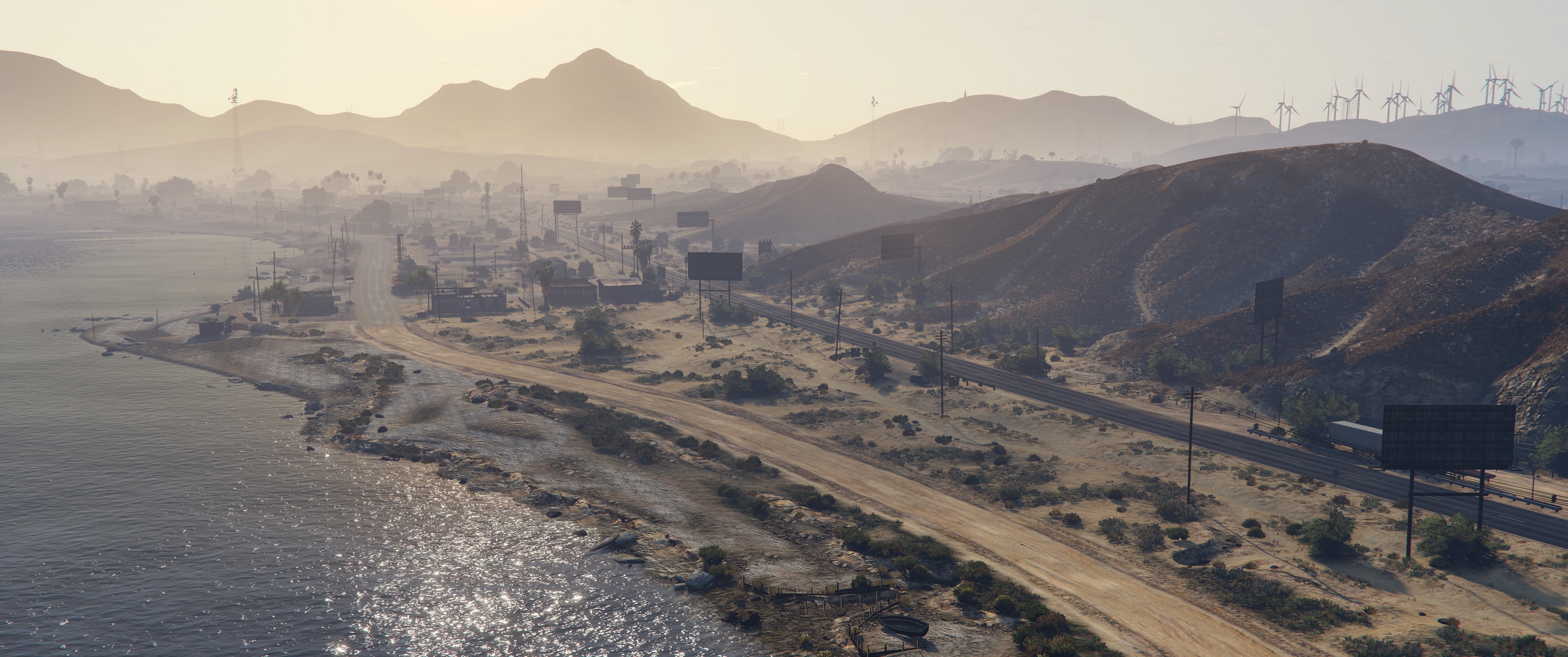 Landscape with sea, hills, and windmills in Grand Theft Auto V HD Wallpaper