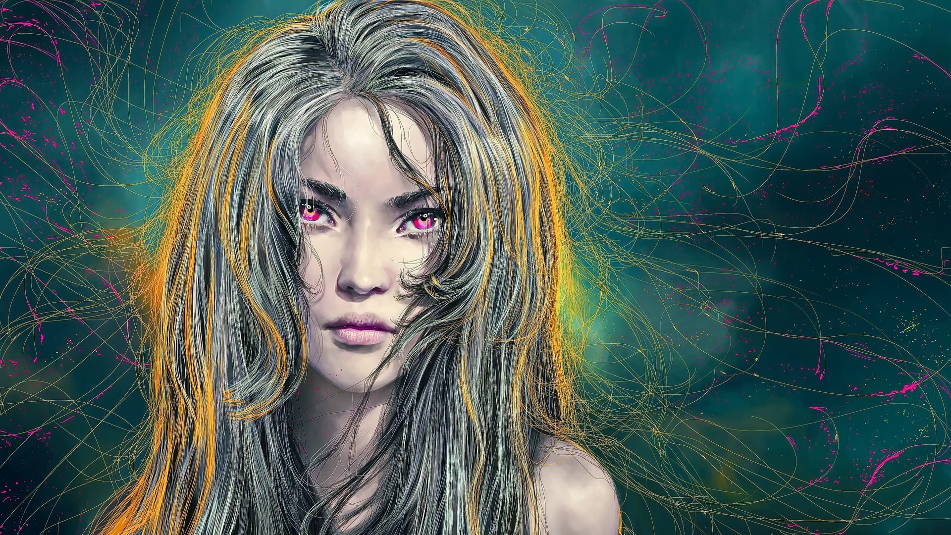 Illustration of a woman with pink eyes and flowing hair HD Wallpaper