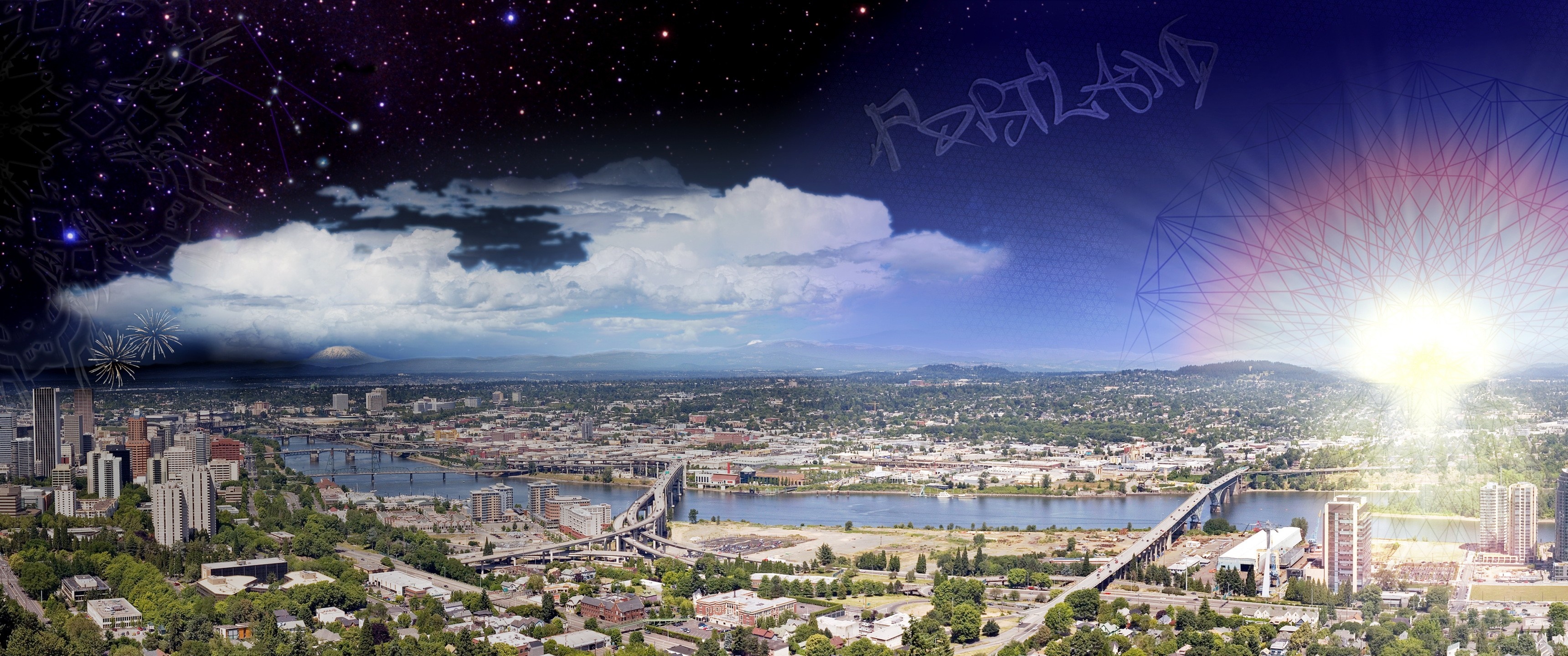 Portland cityscape with day and night sky panorama HD Wallpaper