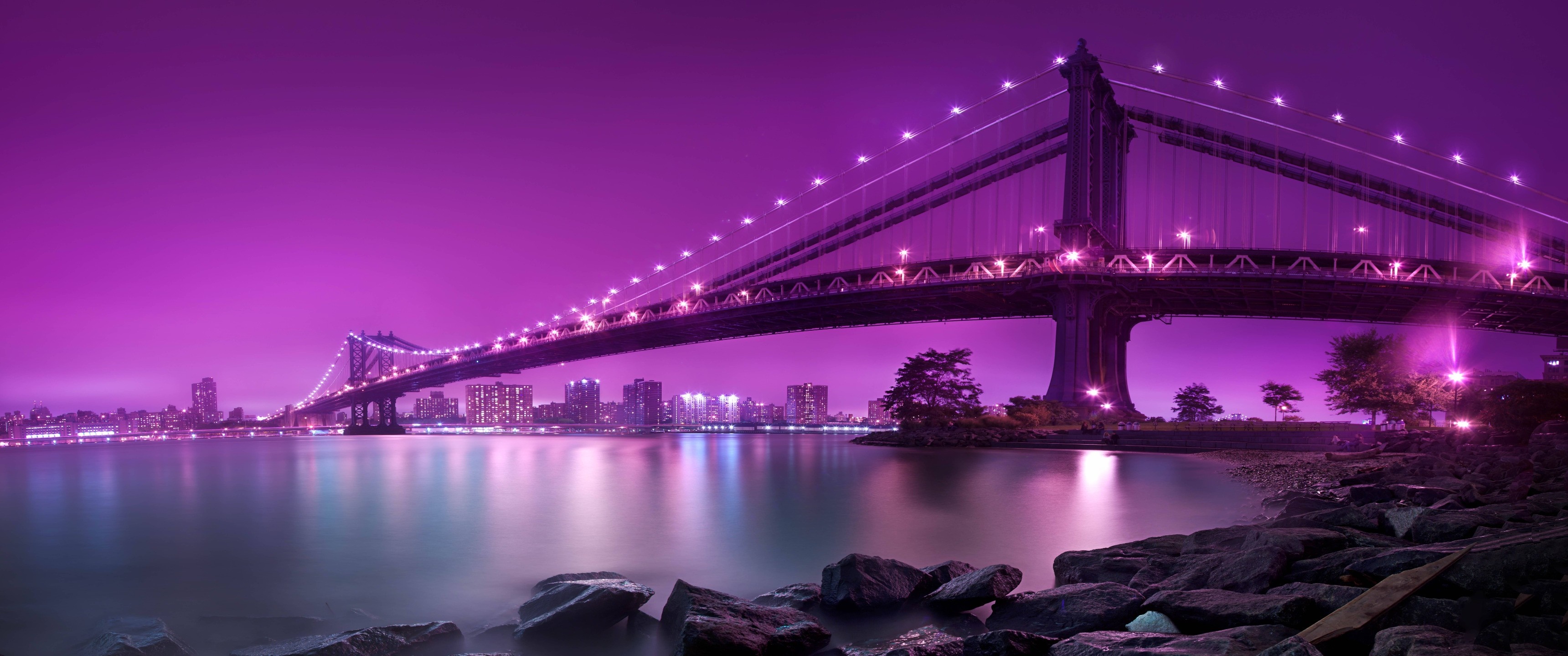 Manhattan Bridge at night with purple sky HD Wallpaper