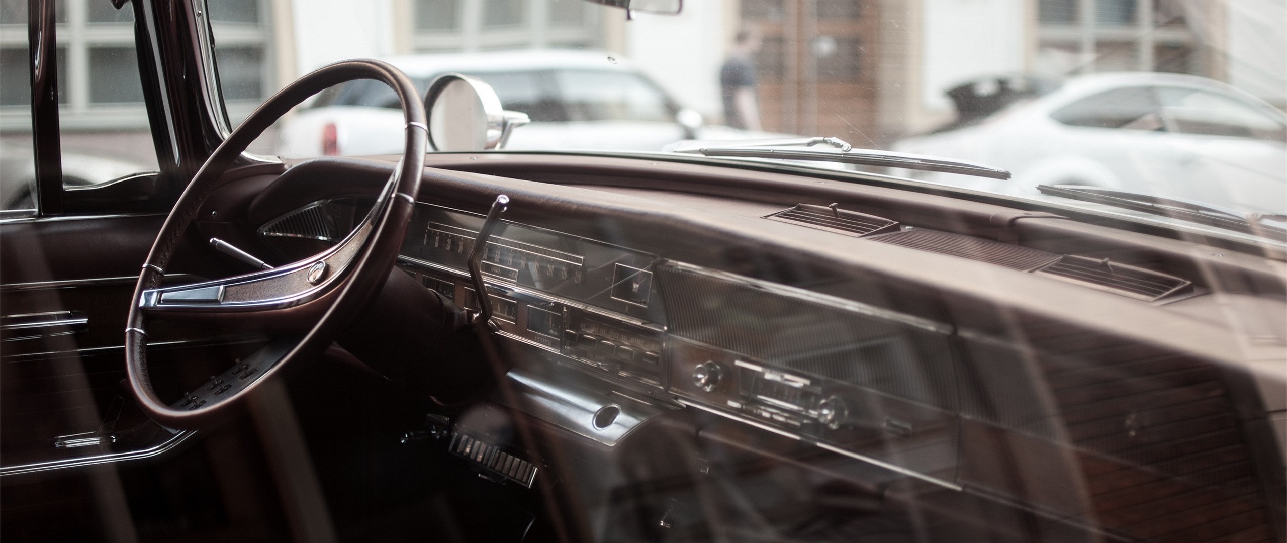 Vintage car interior with dashboard and steering wheel HD Wallpaper