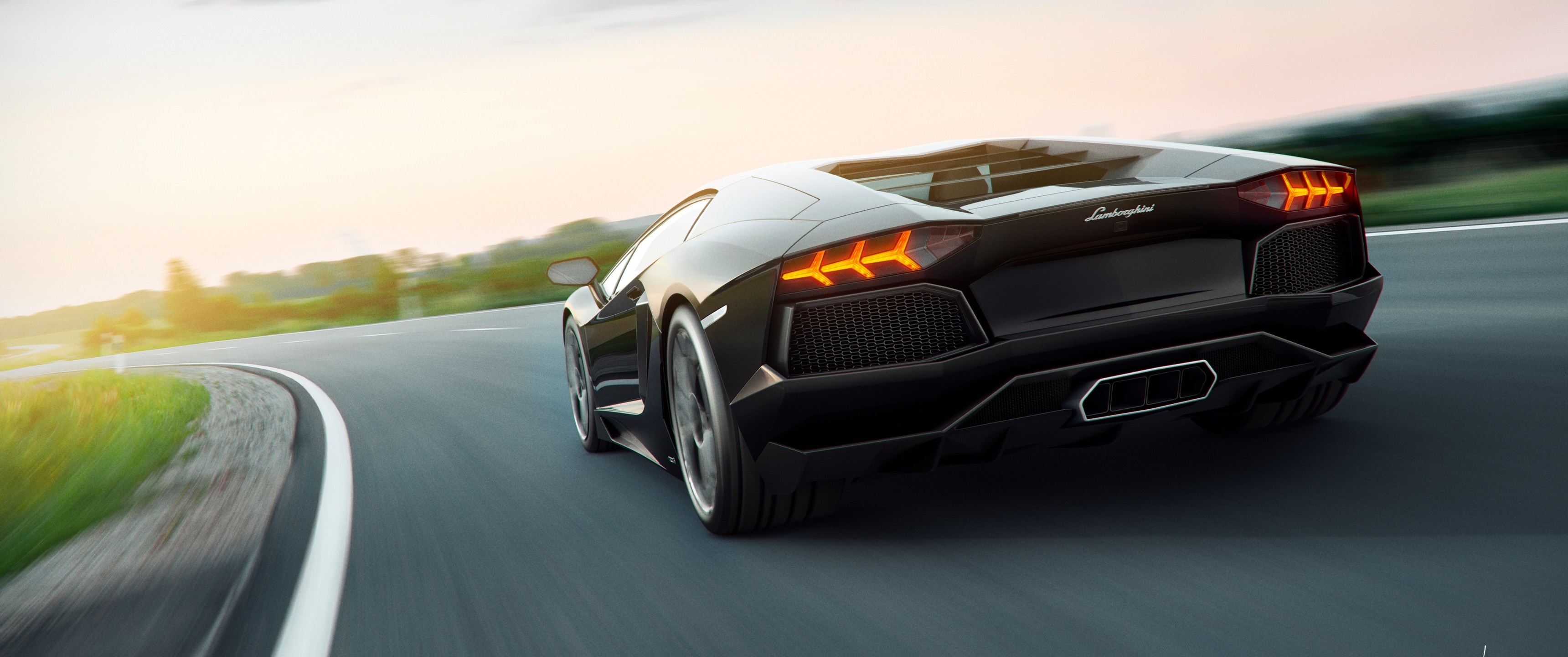 Black Lamborghini Aventador driving on a road HD Wallpaper