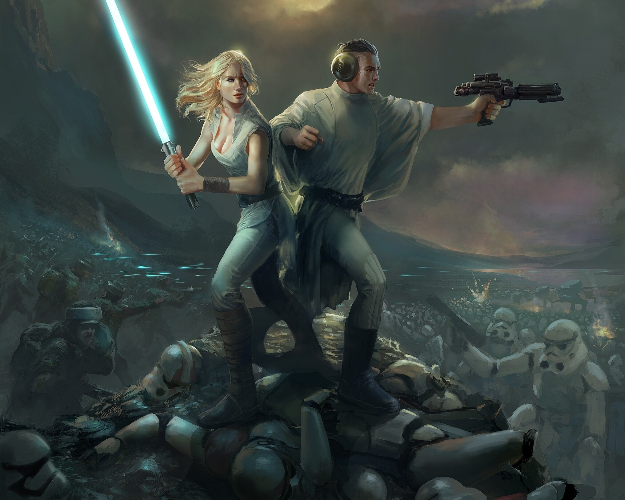 Rey and Luke Skywalker from Star Wars in battle HD Wallpaper