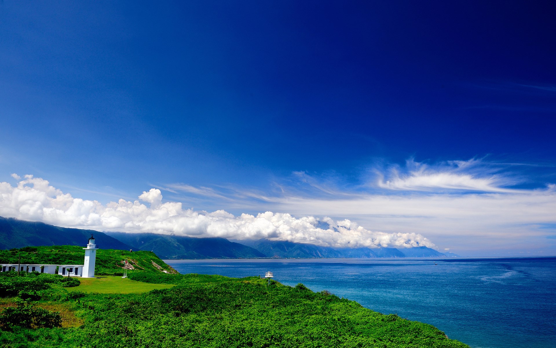 Lighthouse on a green cliff overlooking the ocean HD Wallpaper