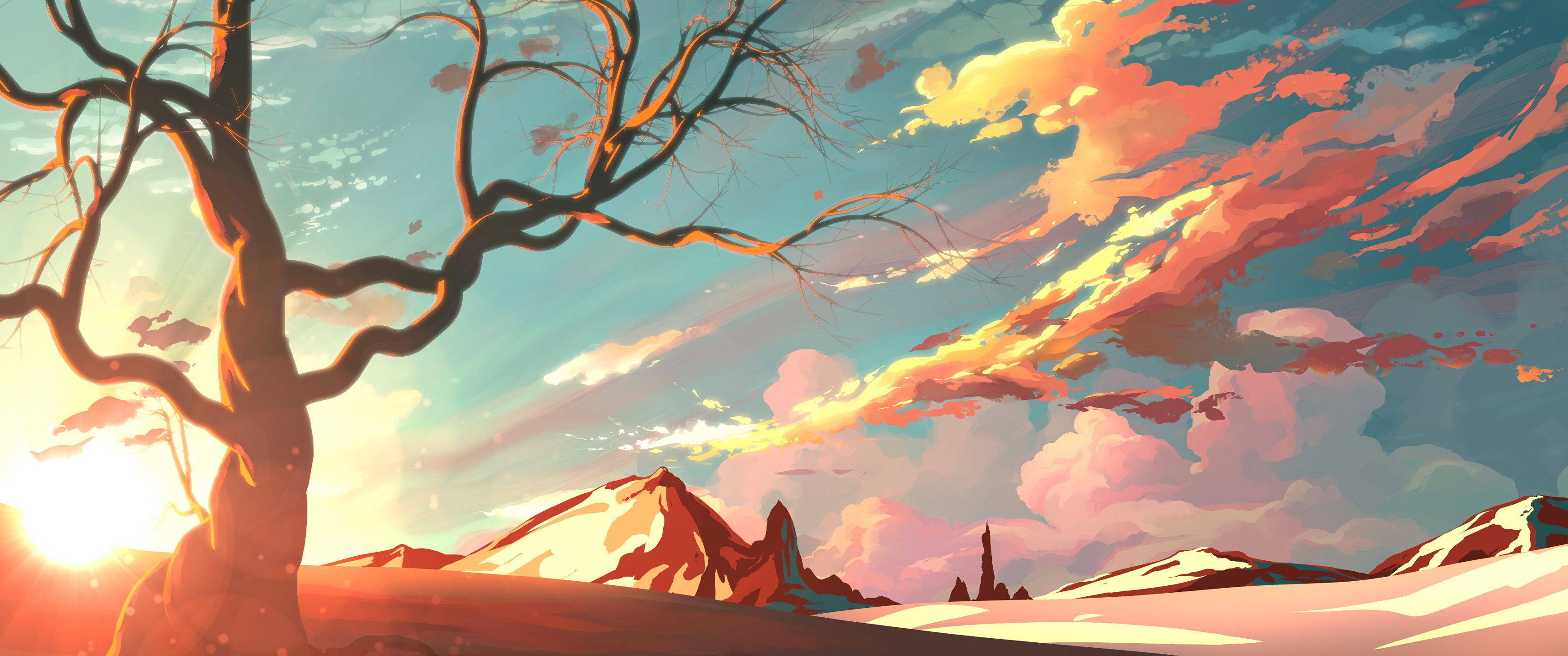 Anime landscape with bare tree and sunset clouds HD Wallpaper