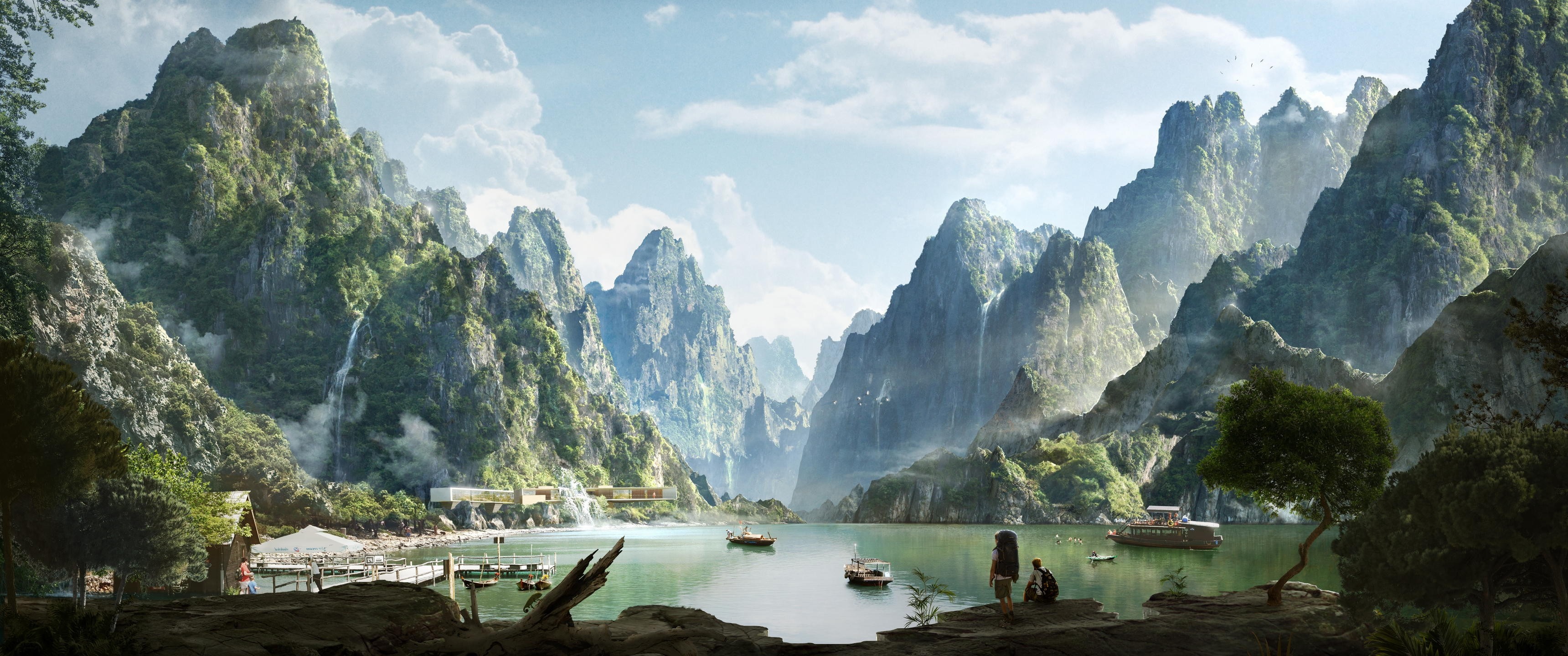 Misty mountains and a serene lake with boats and buildings HD Wallpaper