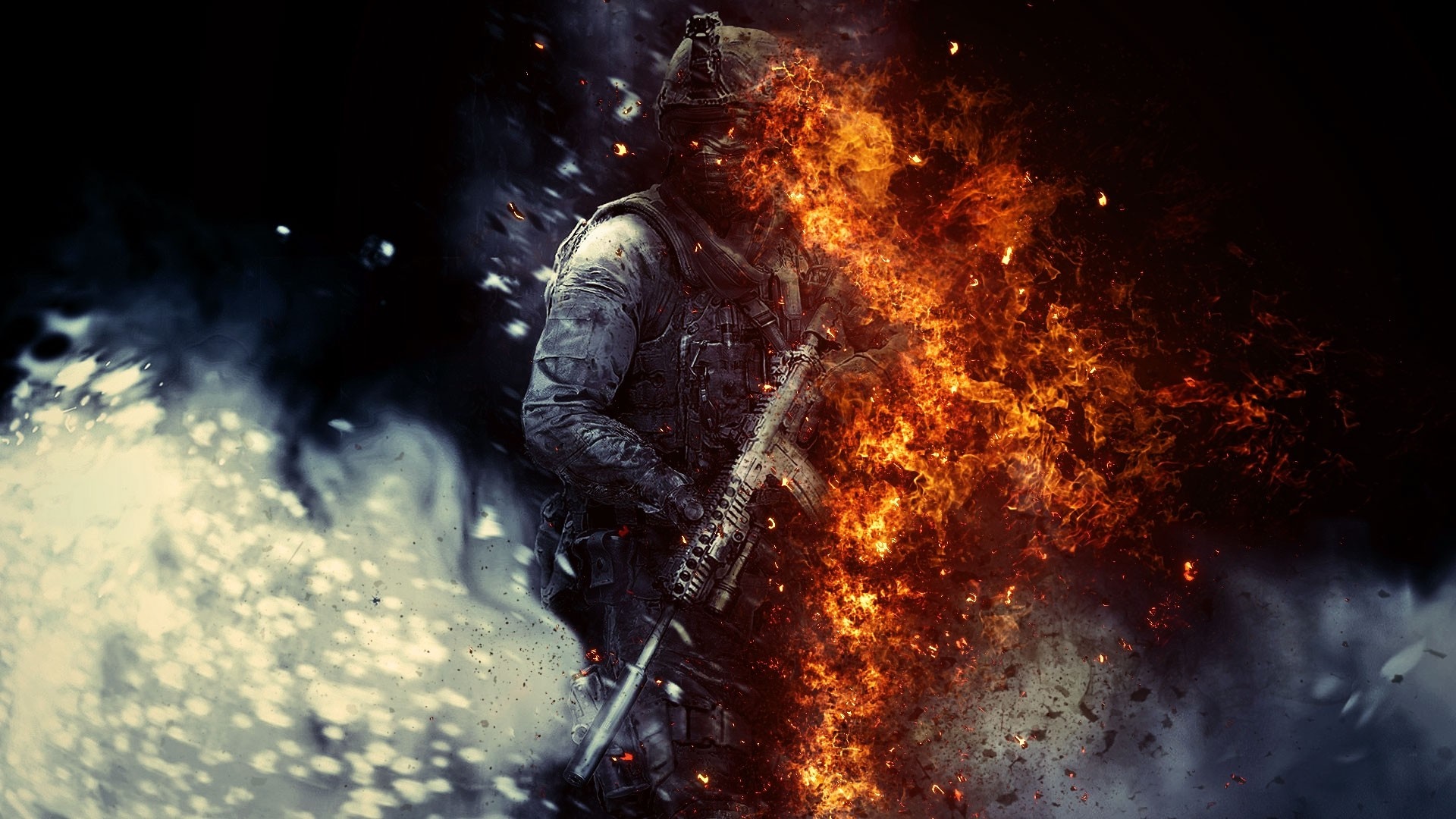 Soldier engulfed in flames with smoke and debris HD Wallpaper