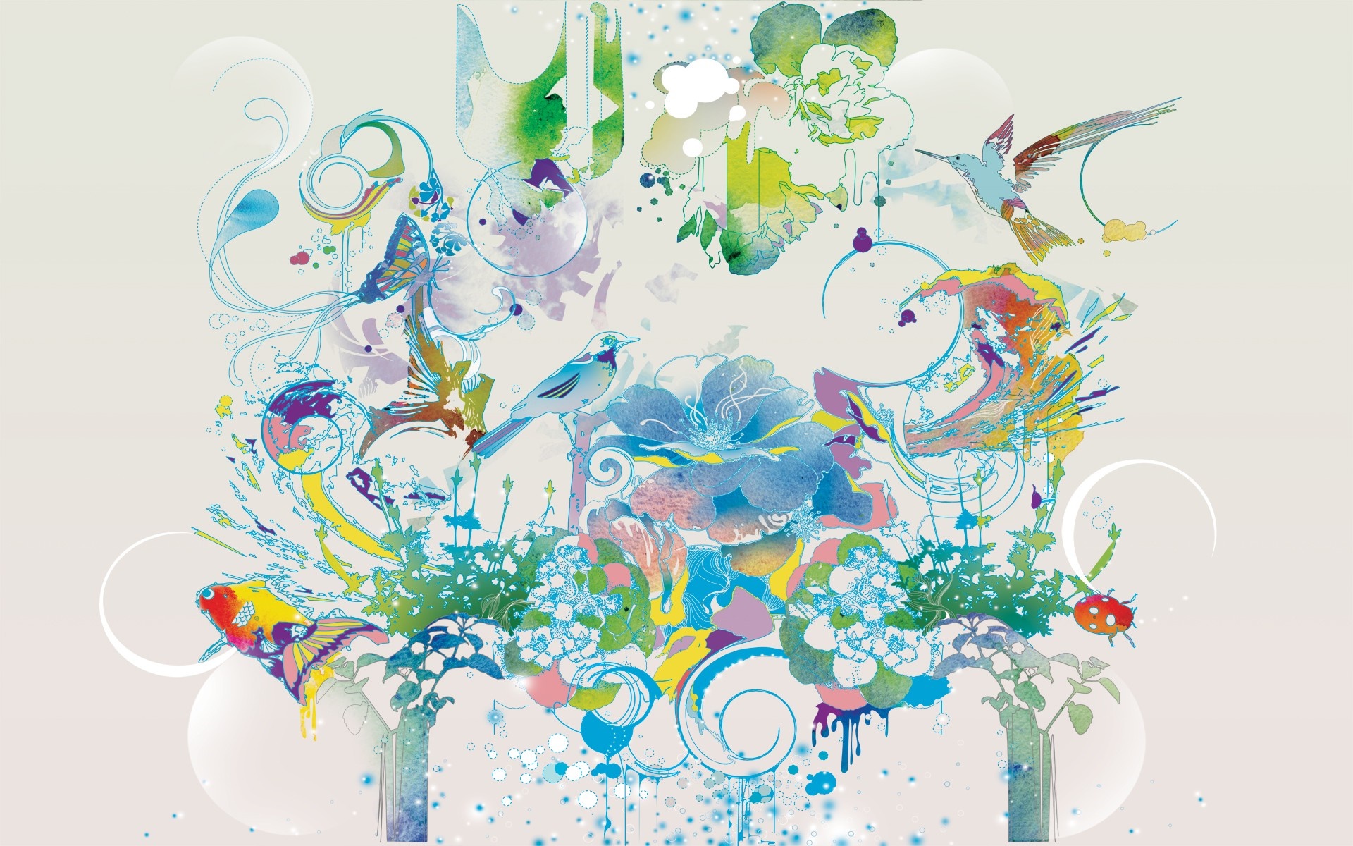 Abstract illustration with birds, butterflies, and flowers HD Wallpaper