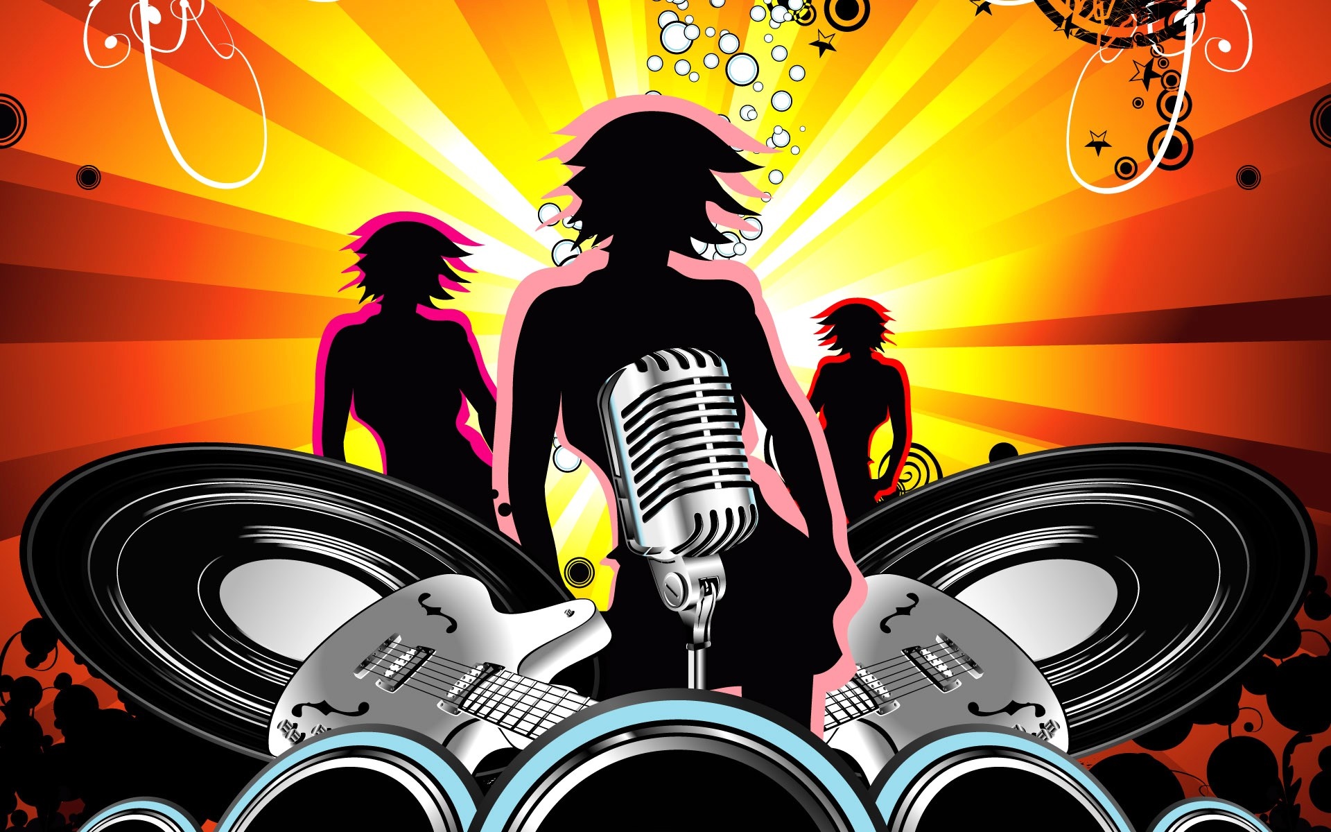 Music illustration with singers, microphone, guitars, and vinyl records HD Wallpaper