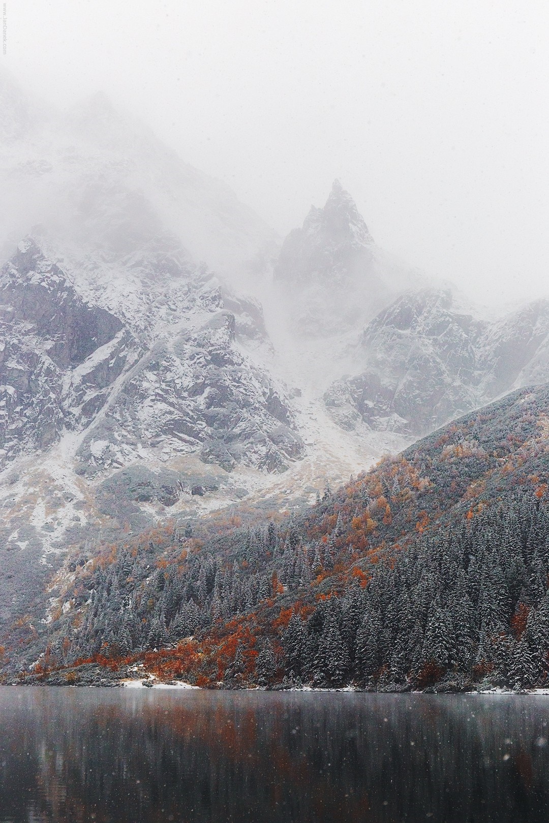 Snowy mountains and lake with autumn trees HD Wallpaper