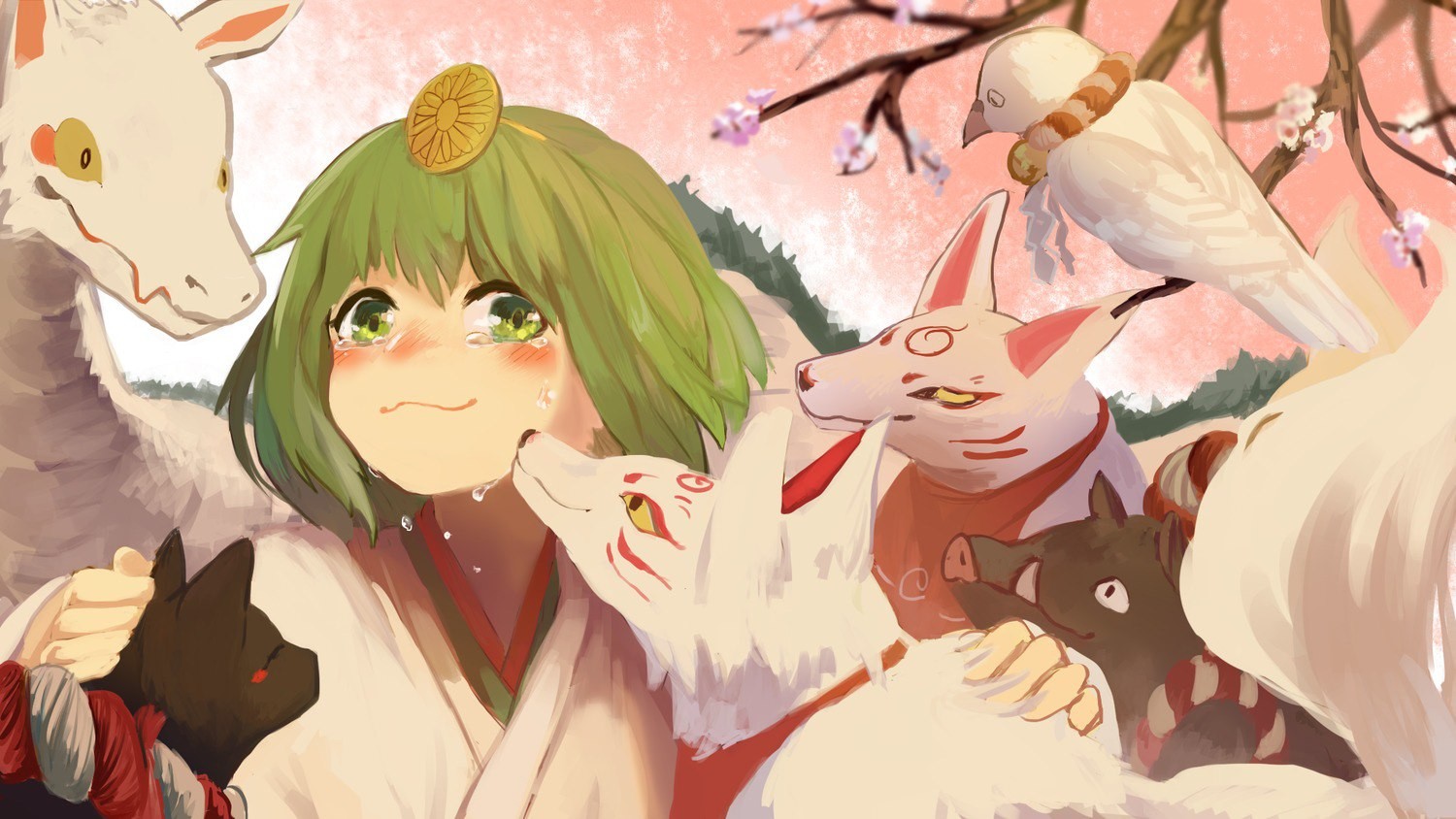 Anime girl crying surrounded by mythical creatures HD Wallpaper