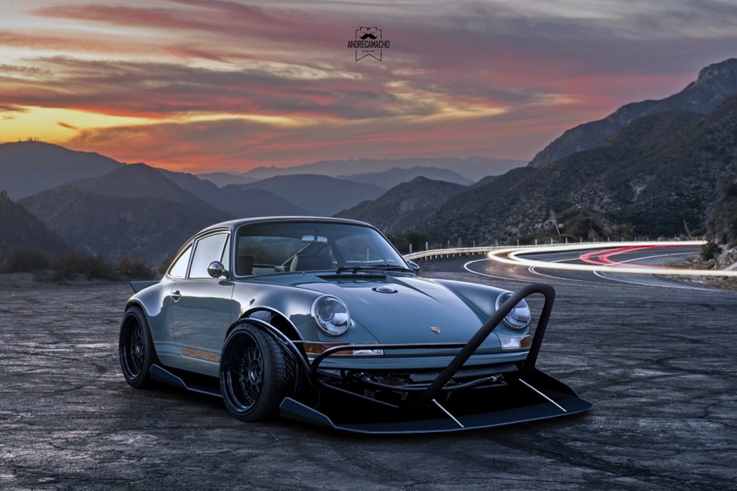 Custom Porsche 911 on a mountain road at sunset HD Wallpaper